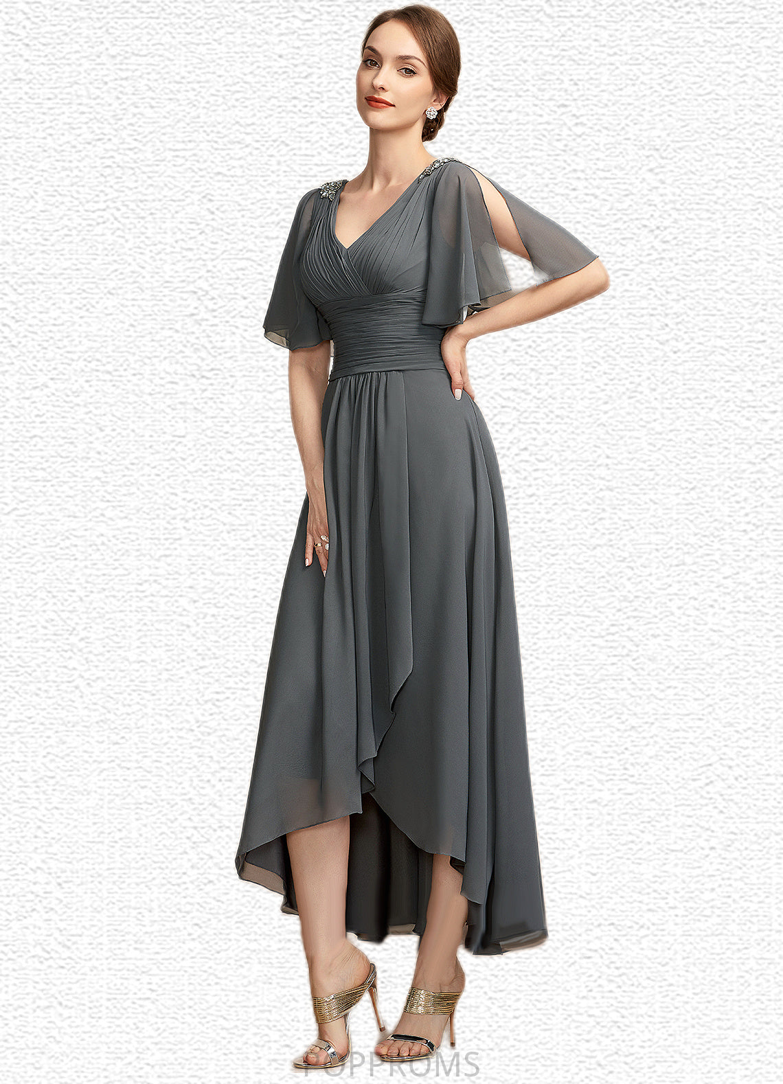 Alexa A-Line V-neck Asymmetrical Chiffon Mother of the Bride Dress With Ruffle Beading PP6126P0014744