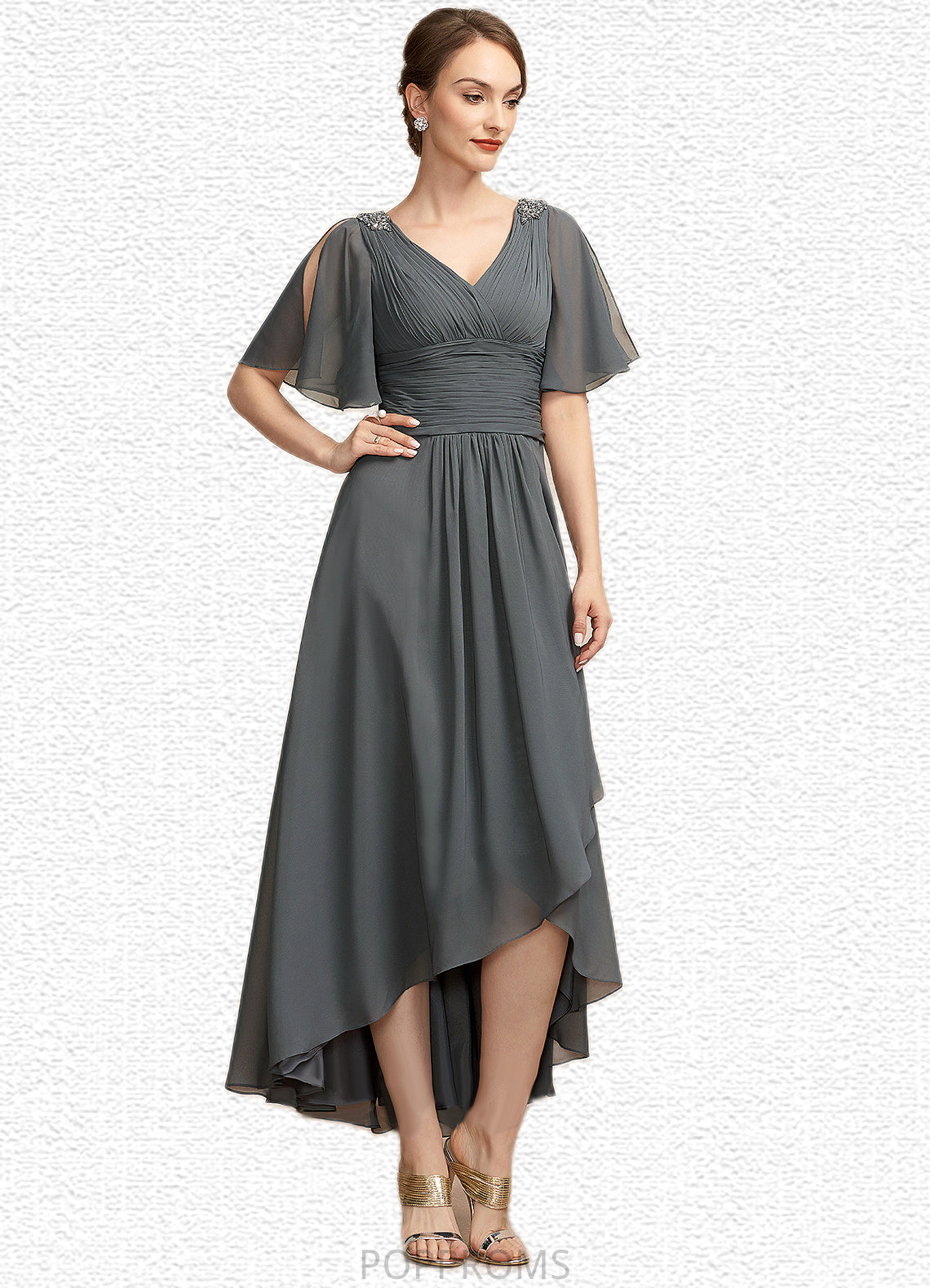 Alexa A-Line V-neck Asymmetrical Chiffon Mother of the Bride Dress With Ruffle Beading PP6126P0014744