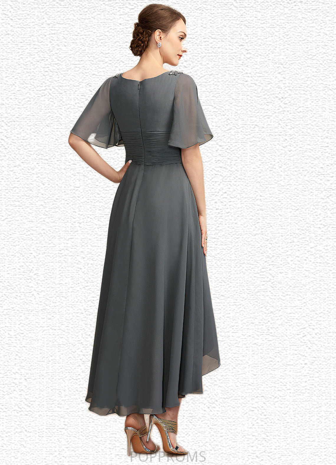 Alexa A-Line V-neck Asymmetrical Chiffon Mother of the Bride Dress With Ruffle Beading PP6126P0014744