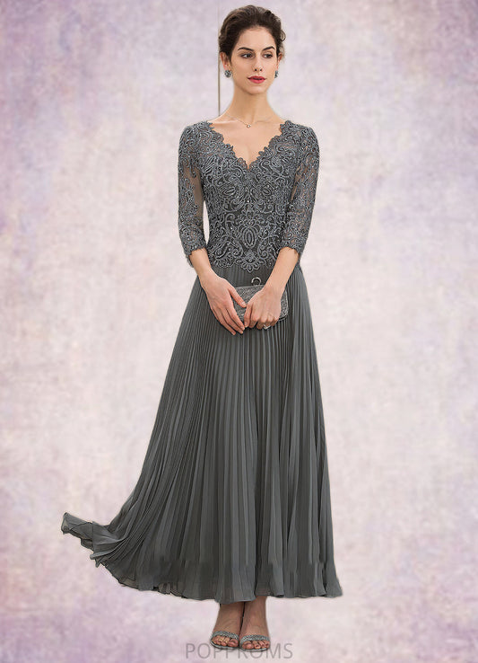 Bella A-Line V-neck Ankle-Length Chiffon Lace Mother of the Bride Dress With Sequins Pleated PP6126P0014745