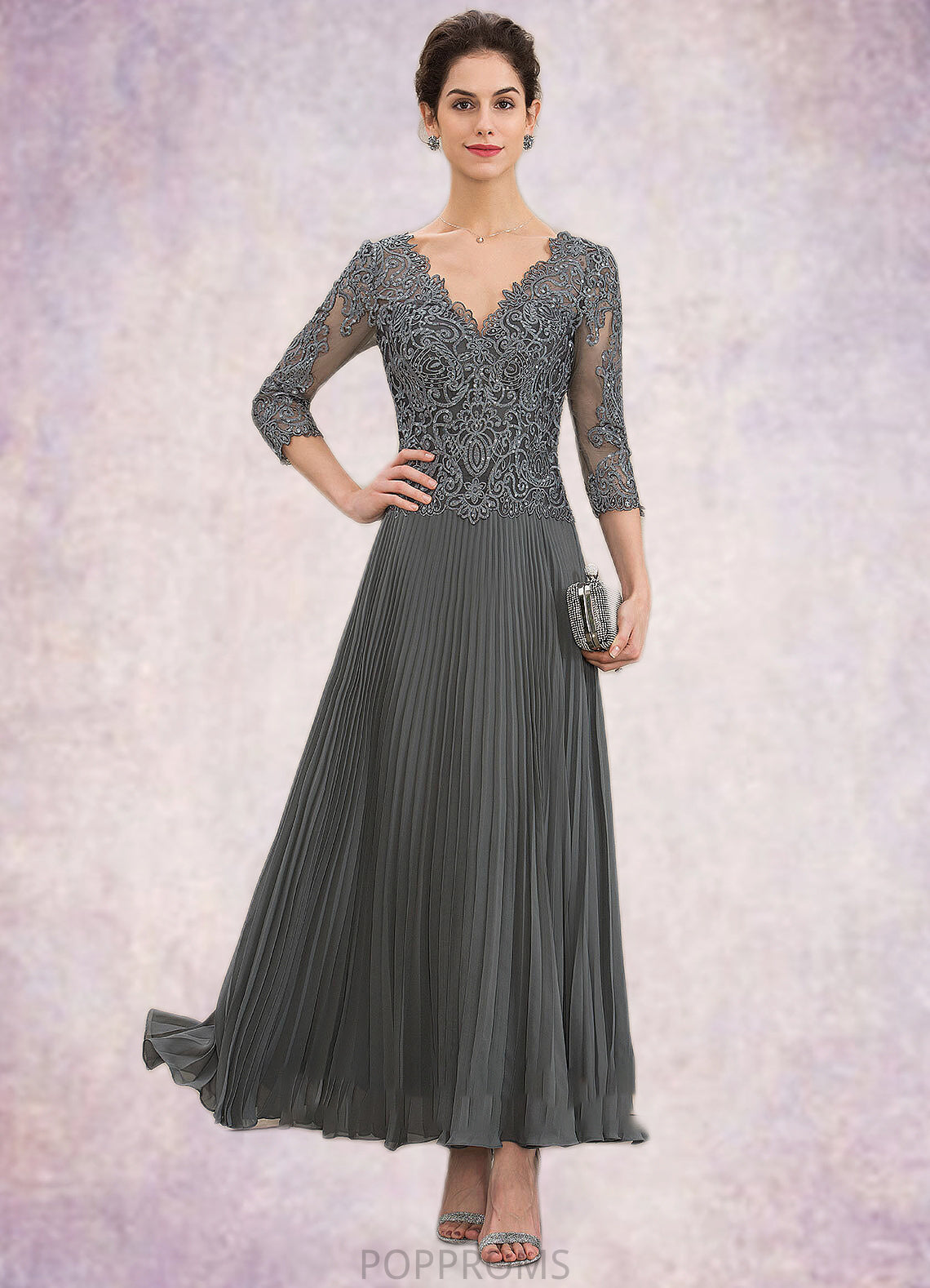 Bella A-Line V-neck Ankle-Length Chiffon Lace Mother of the Bride Dress With Sequins Pleated PP6126P0014745