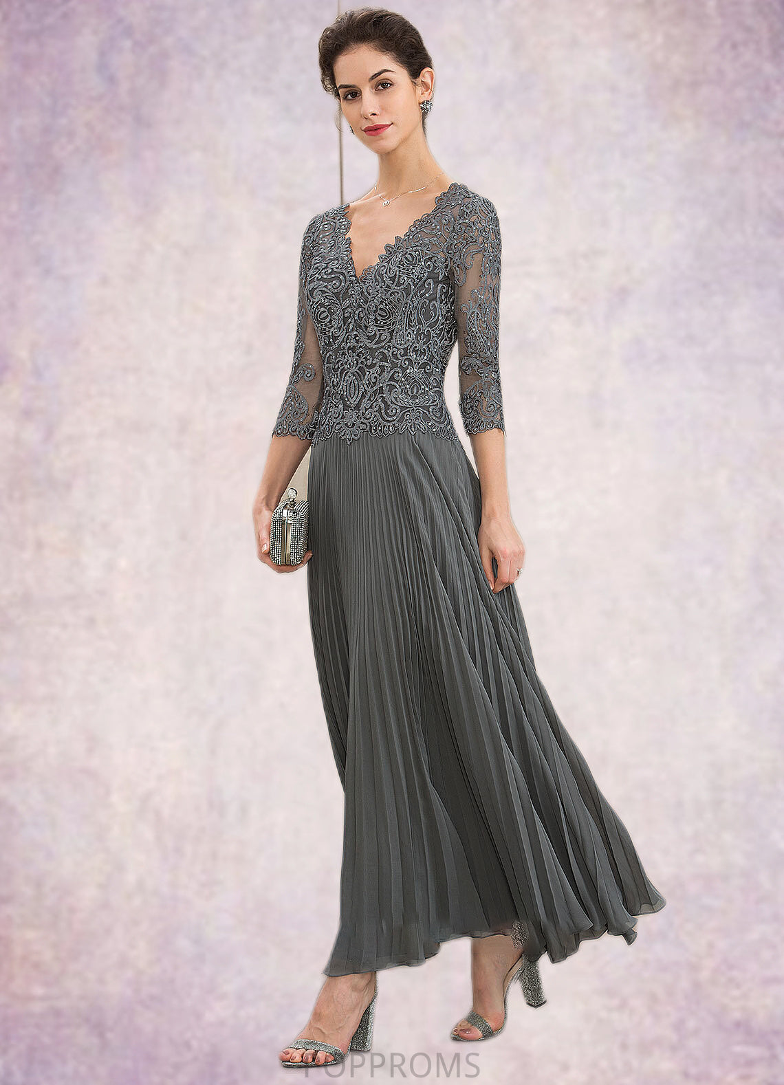 Bella A-Line V-neck Ankle-Length Chiffon Lace Mother of the Bride Dress With Sequins Pleated PP6126P0014745