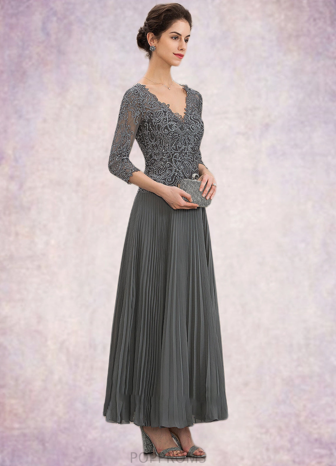 Bella A-Line V-neck Ankle-Length Chiffon Lace Mother of the Bride Dress With Sequins Pleated PP6126P0014745