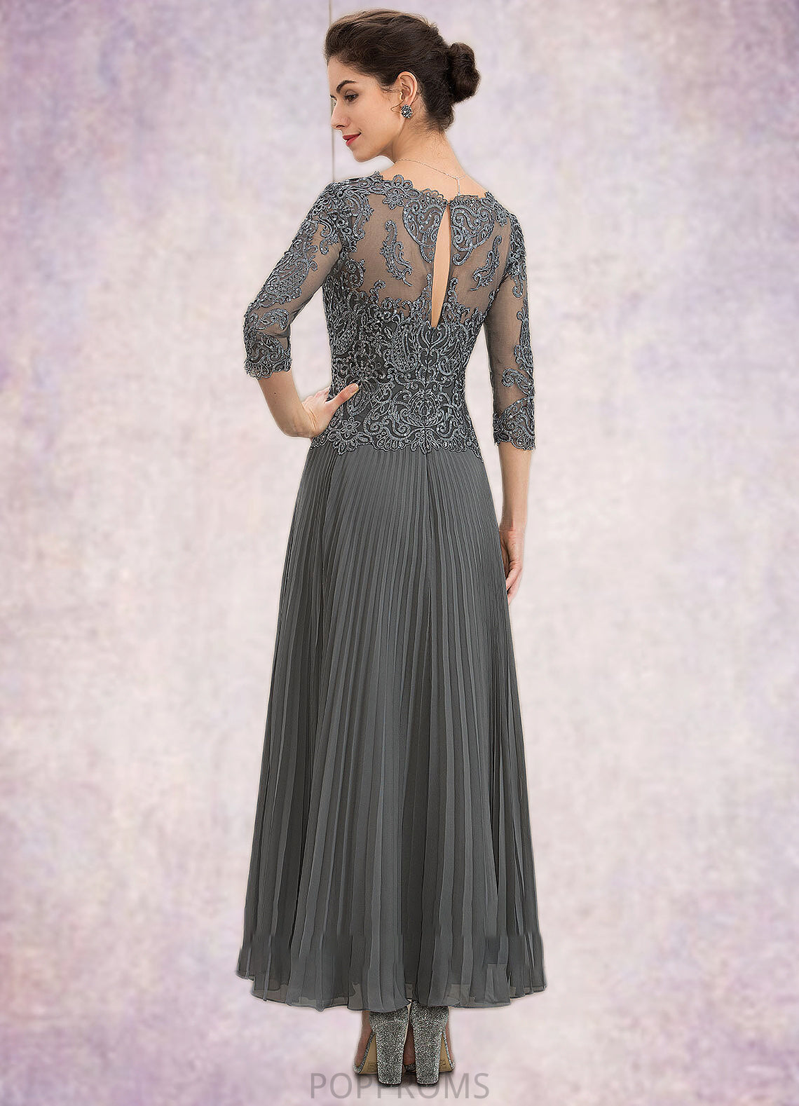 Bella A-Line V-neck Ankle-Length Chiffon Lace Mother of the Bride Dress With Sequins Pleated PP6126P0014745