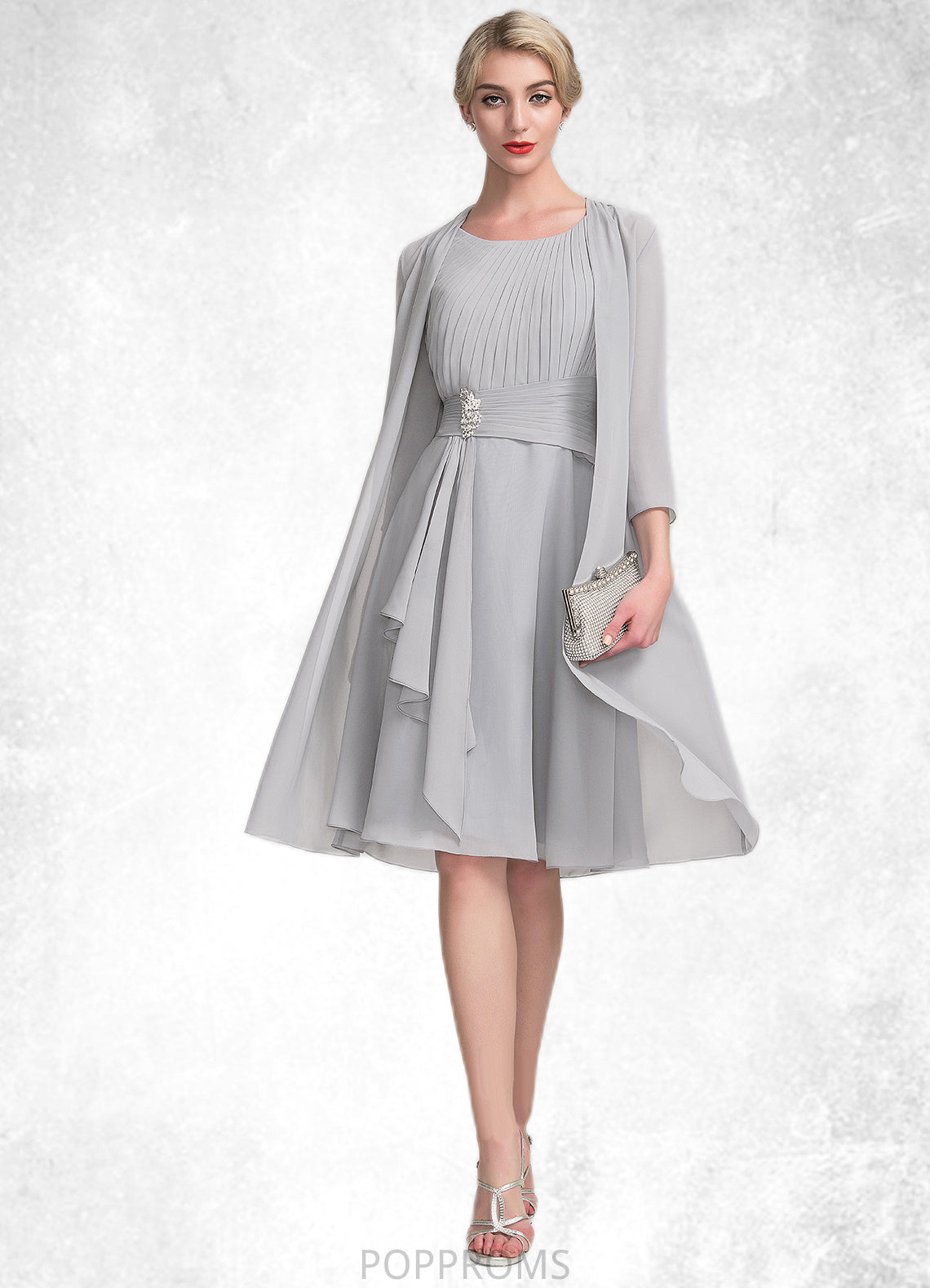 Bella A-Line Scoop Neck Knee-Length Chiffon Mother of the Bride Dress With Beading Cascading Ruffles PP6126P0014751