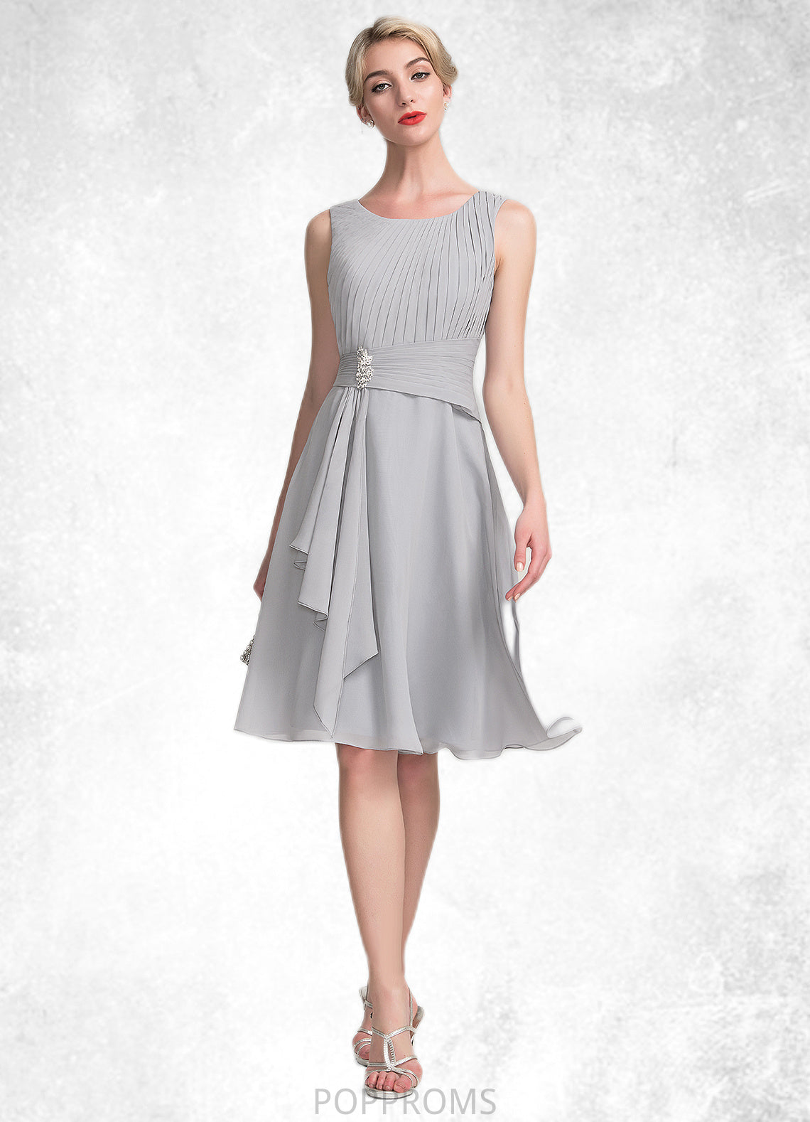 Bella A-Line Scoop Neck Knee-Length Chiffon Mother of the Bride Dress With Beading Cascading Ruffles PP6126P0014751