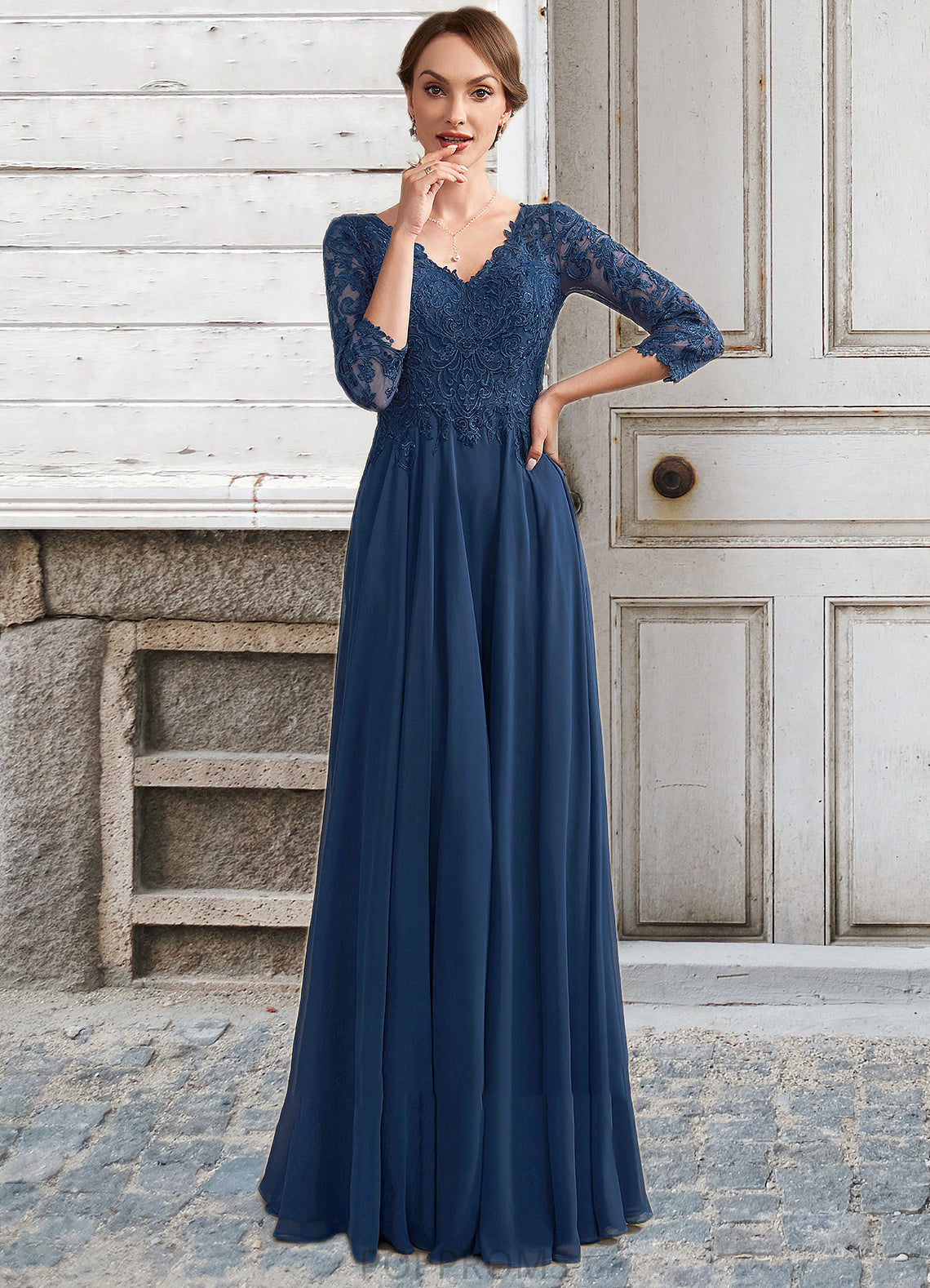 Nan A-Line V-neck Floor-Length Chiffon Lace Mother of the Bride Dress PP6126P0014753