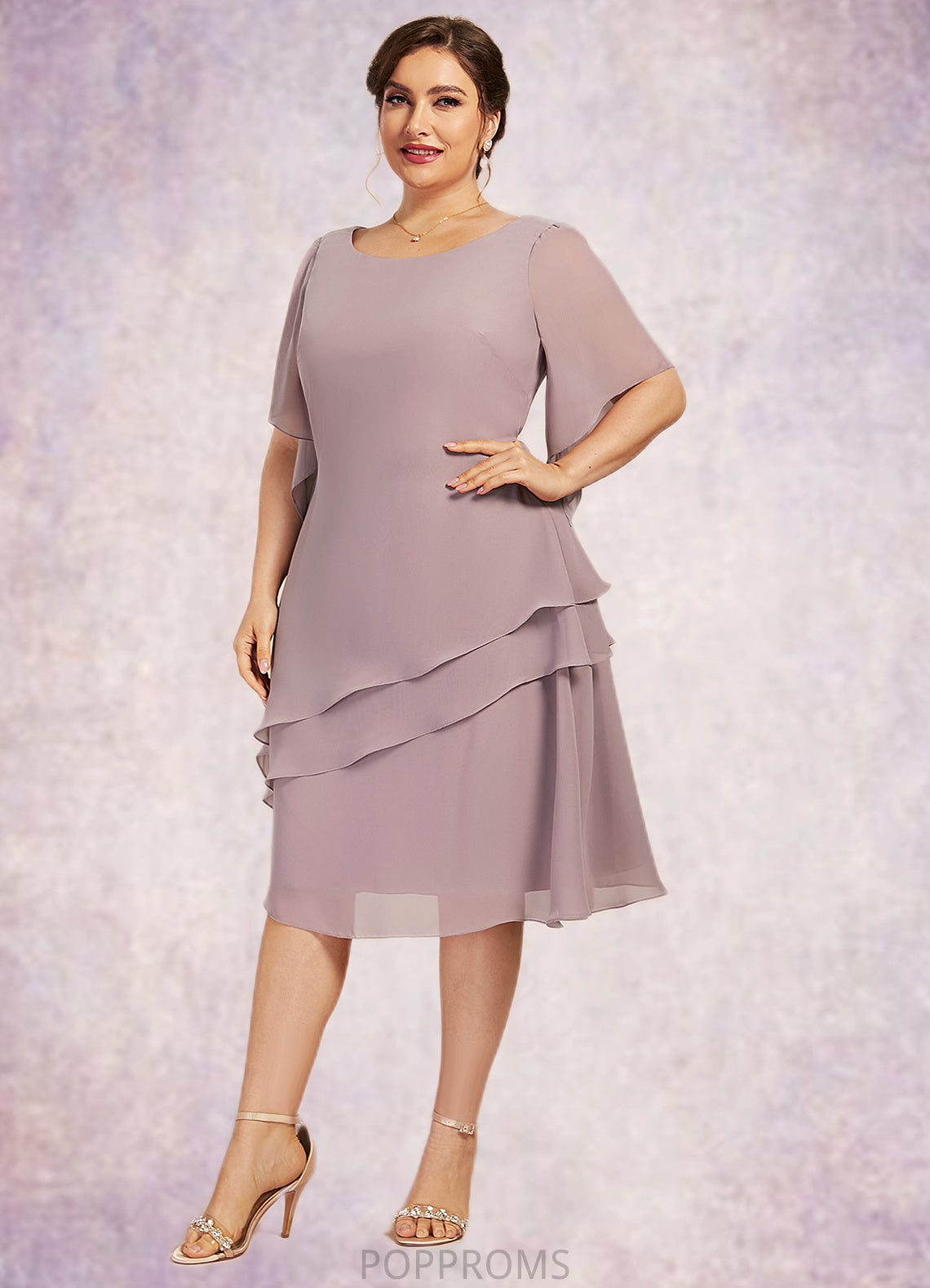 Jaqueline A-Line Scoop Neck Knee-Length Chiffon Mother of the Bride Dress With Cascading Ruffles PP6126P0014755