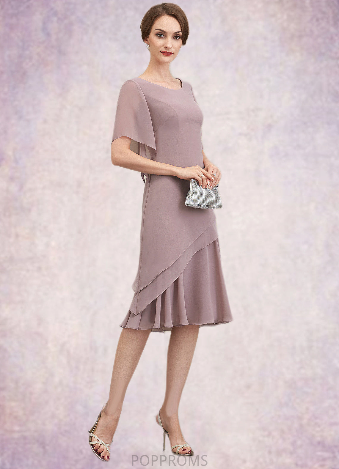 Jaqueline A-Line Scoop Neck Knee-Length Chiffon Mother of the Bride Dress With Cascading Ruffles PP6126P0014755