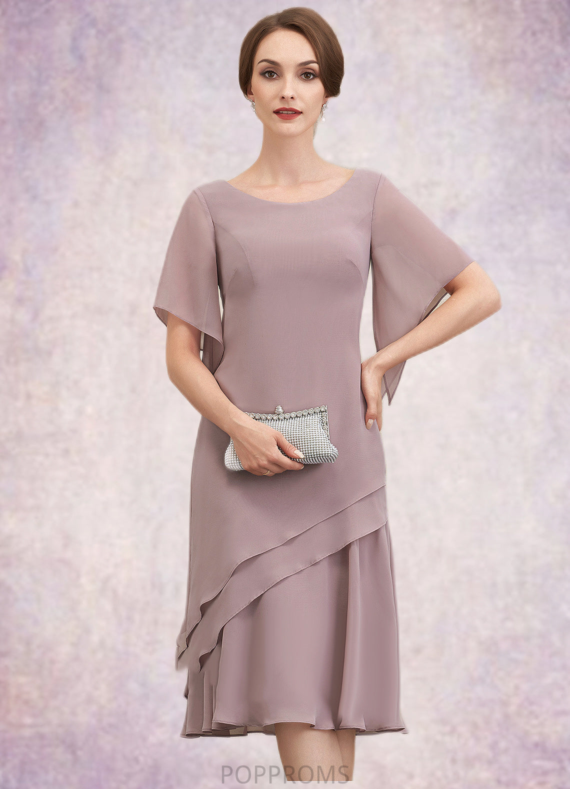 Jaqueline A-Line Scoop Neck Knee-Length Chiffon Mother of the Bride Dress With Cascading Ruffles PP6126P0014755