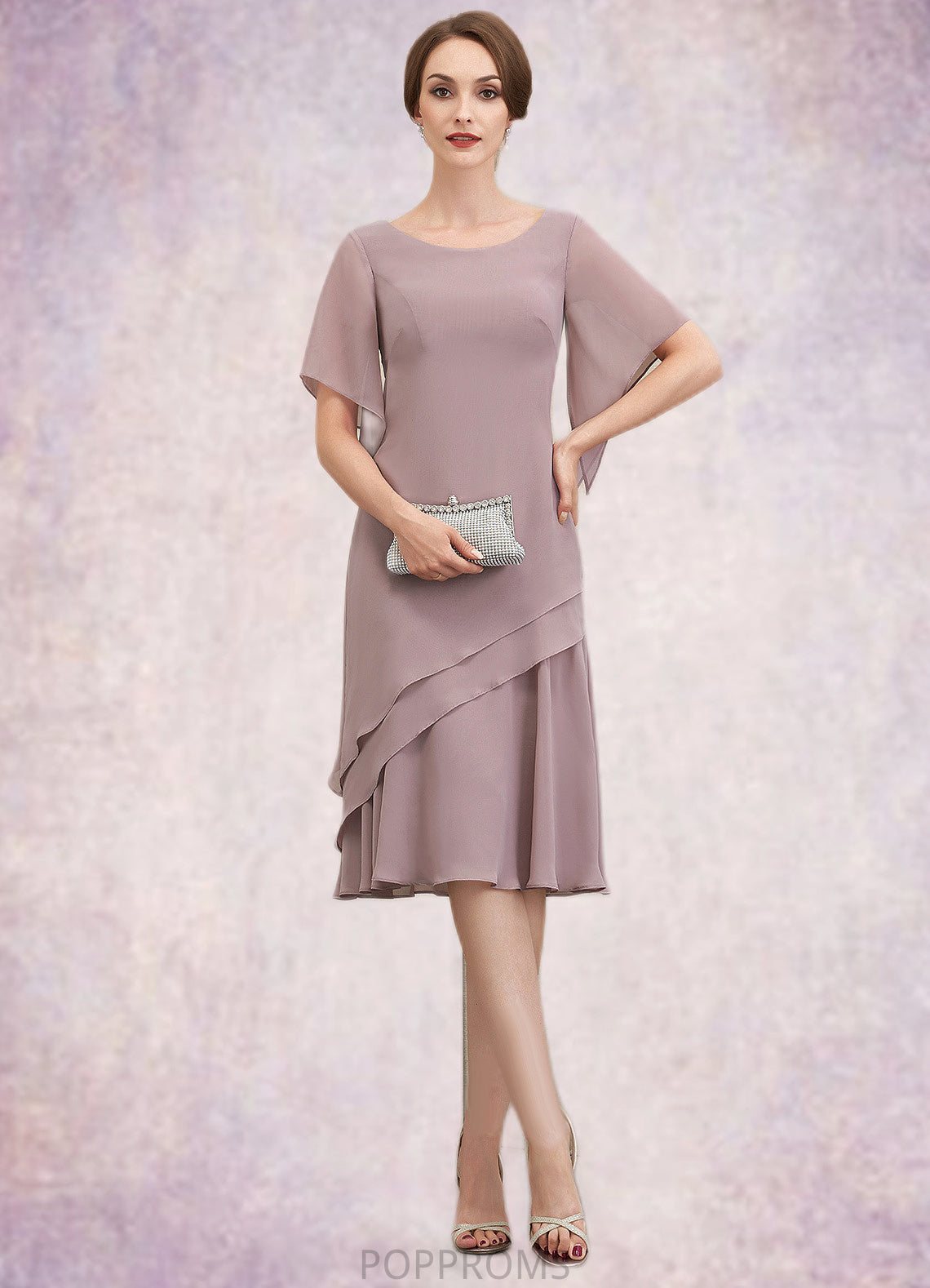 Jaqueline A-Line Scoop Neck Knee-Length Chiffon Mother of the Bride Dress With Cascading Ruffles PP6126P0014755