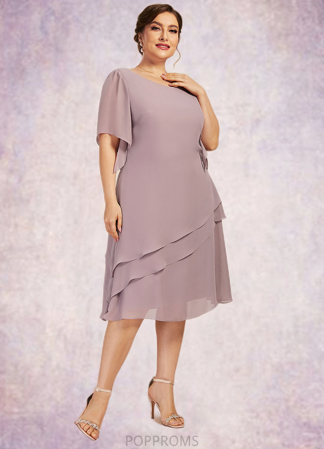 Jaqueline A-Line Scoop Neck Knee-Length Chiffon Mother of the Bride Dress With Cascading Ruffles PP6126P0014755