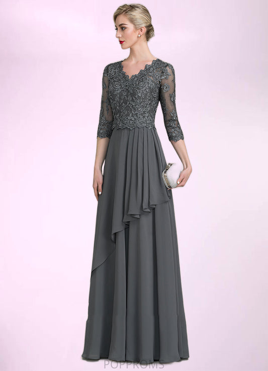 Summer A-Line V-neck Floor-Length Chiffon Lace Mother of the Bride Dress With Beading Sequins Cascading Ruffles PP6126P0014756