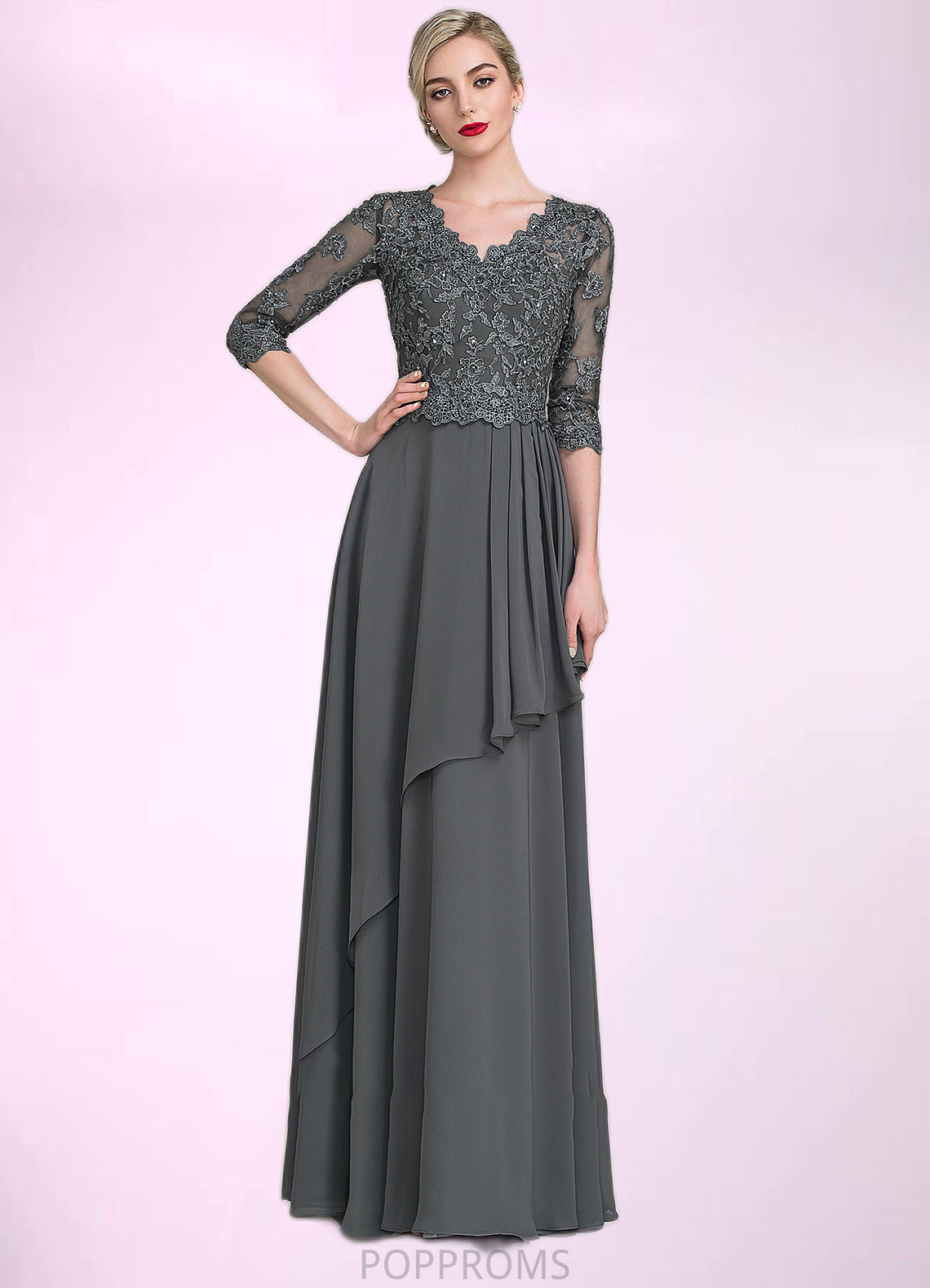 Summer A-Line V-neck Floor-Length Chiffon Lace Mother of the Bride Dress With Beading Sequins Cascading Ruffles PP6126P0014756