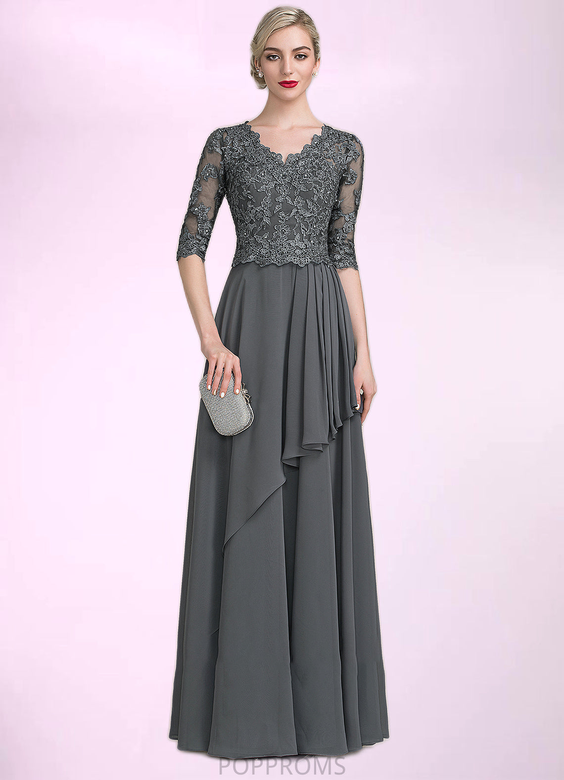 Summer A-Line V-neck Floor-Length Chiffon Lace Mother of the Bride Dress With Beading Sequins Cascading Ruffles PP6126P0014756