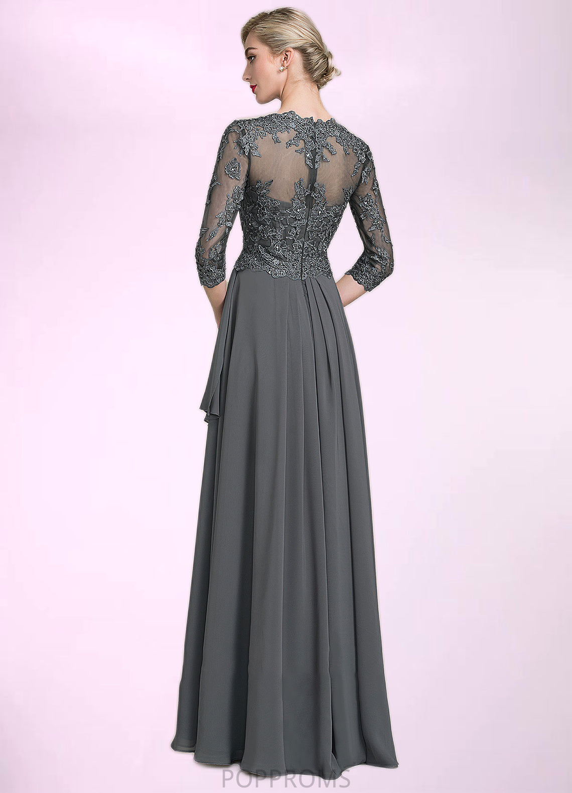 Summer A-Line V-neck Floor-Length Chiffon Lace Mother of the Bride Dress With Beading Sequins Cascading Ruffles PP6126P0014756