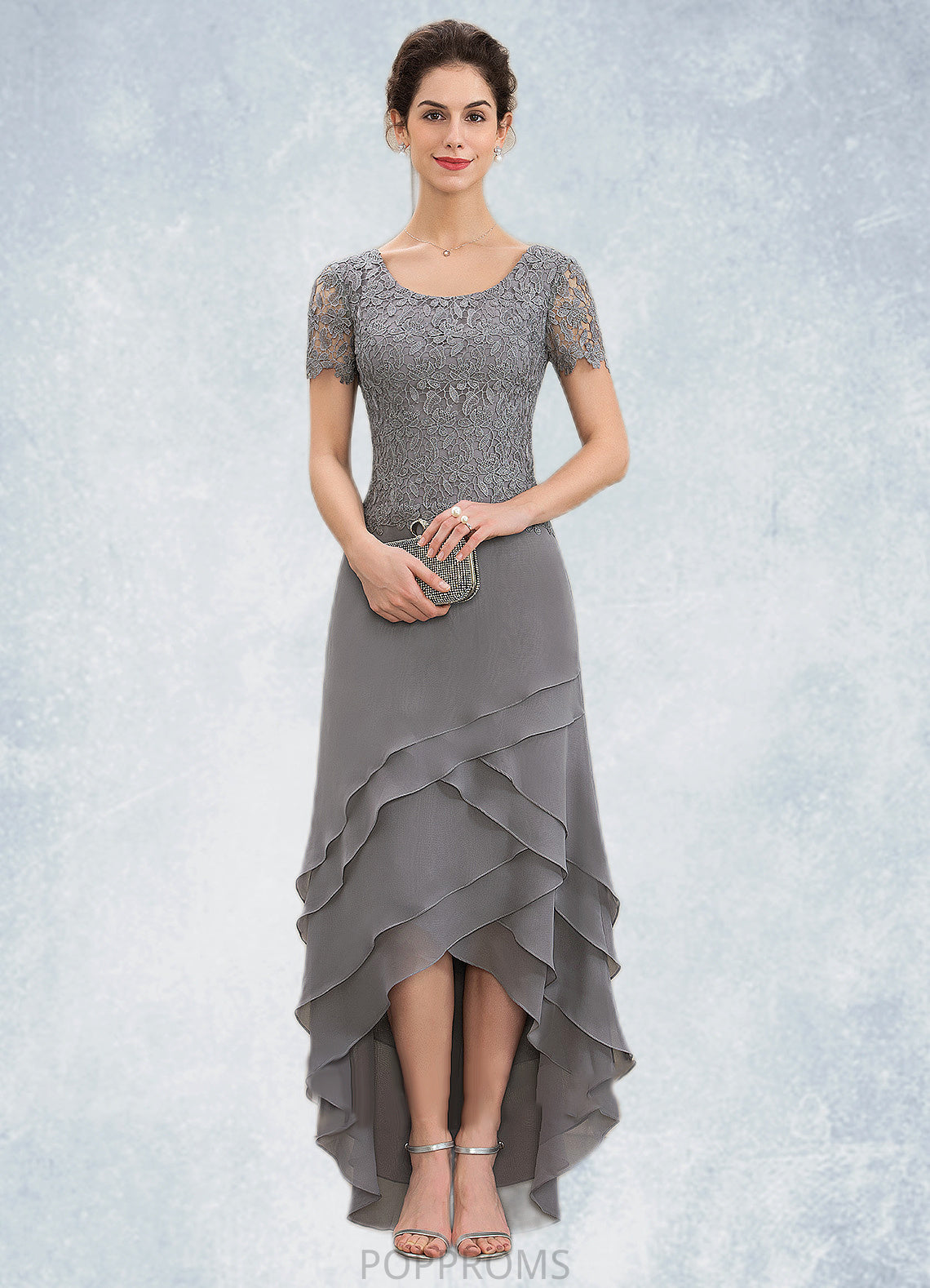 Rayne A-Line Scoop Neck Asymmetrical Chiffon Lace Mother of the Bride Dress With Cascading Ruffles PP6126P0014757