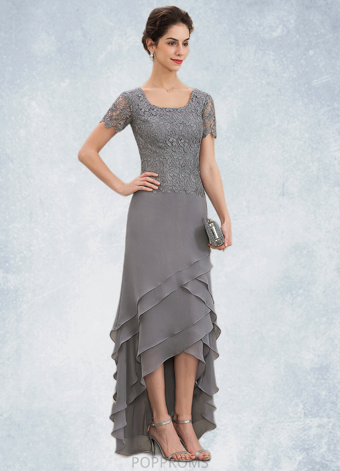 Rayne A-Line Scoop Neck Asymmetrical Chiffon Lace Mother of the Bride Dress With Cascading Ruffles PP6126P0014757