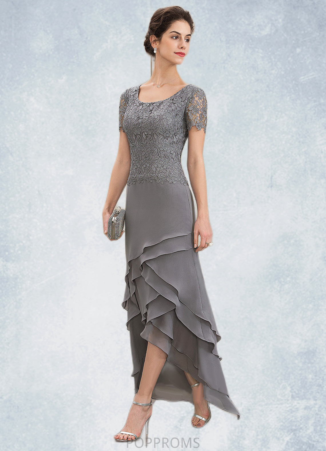 Rayne A-Line Scoop Neck Asymmetrical Chiffon Lace Mother of the Bride Dress With Cascading Ruffles PP6126P0014757