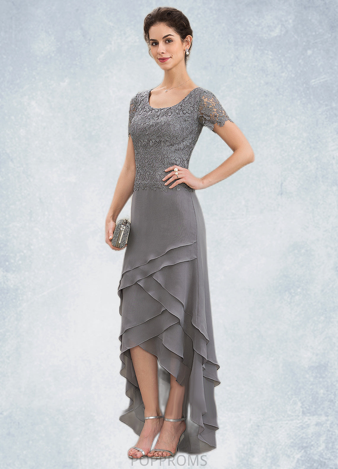 Rayne A-Line Scoop Neck Asymmetrical Chiffon Lace Mother of the Bride Dress With Cascading Ruffles PP6126P0014757