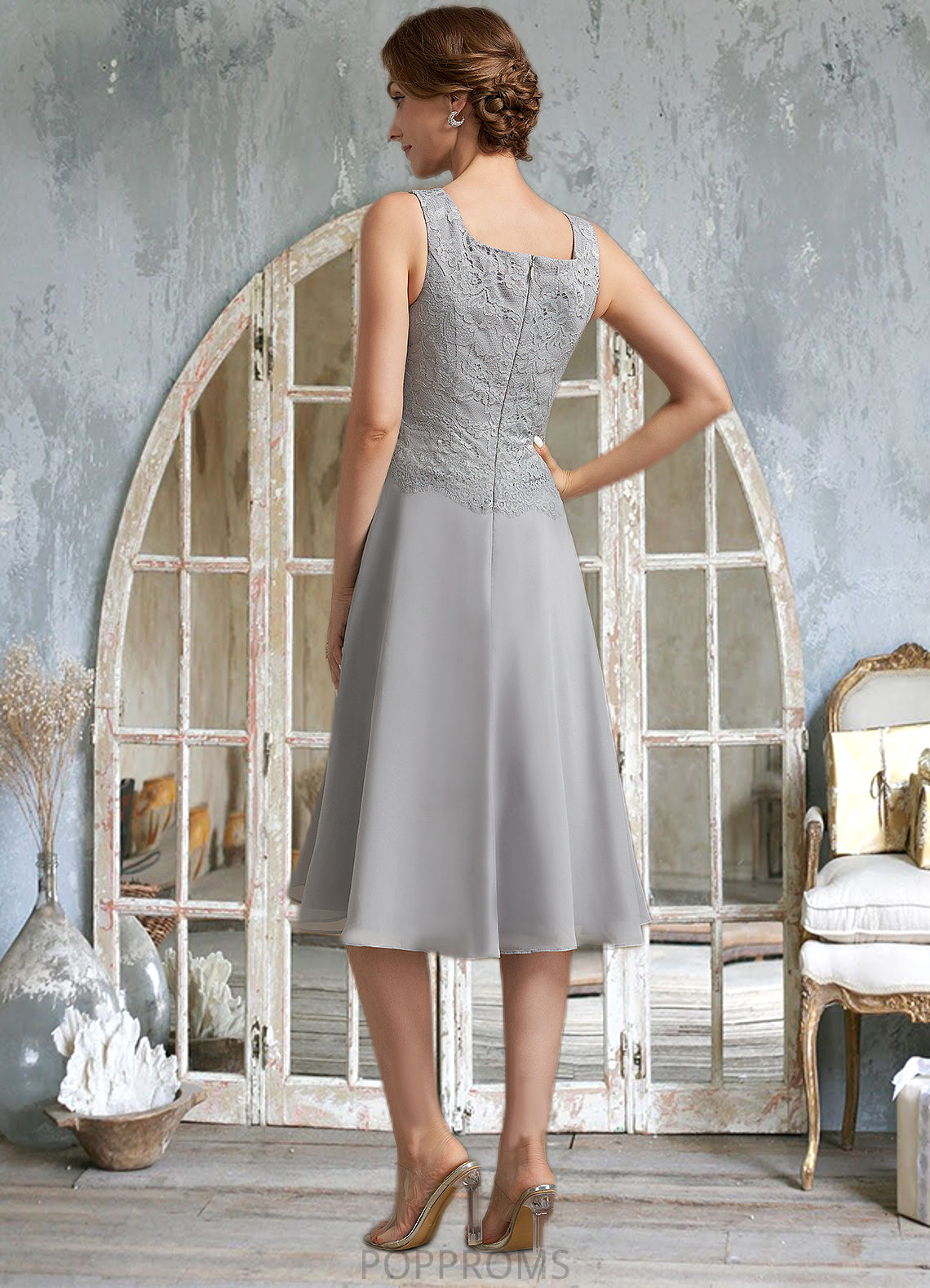 Nadine A-Line Square Neckline Knee-Length Chiffon Lace Mother of the Bride Dress PP6126P0014759