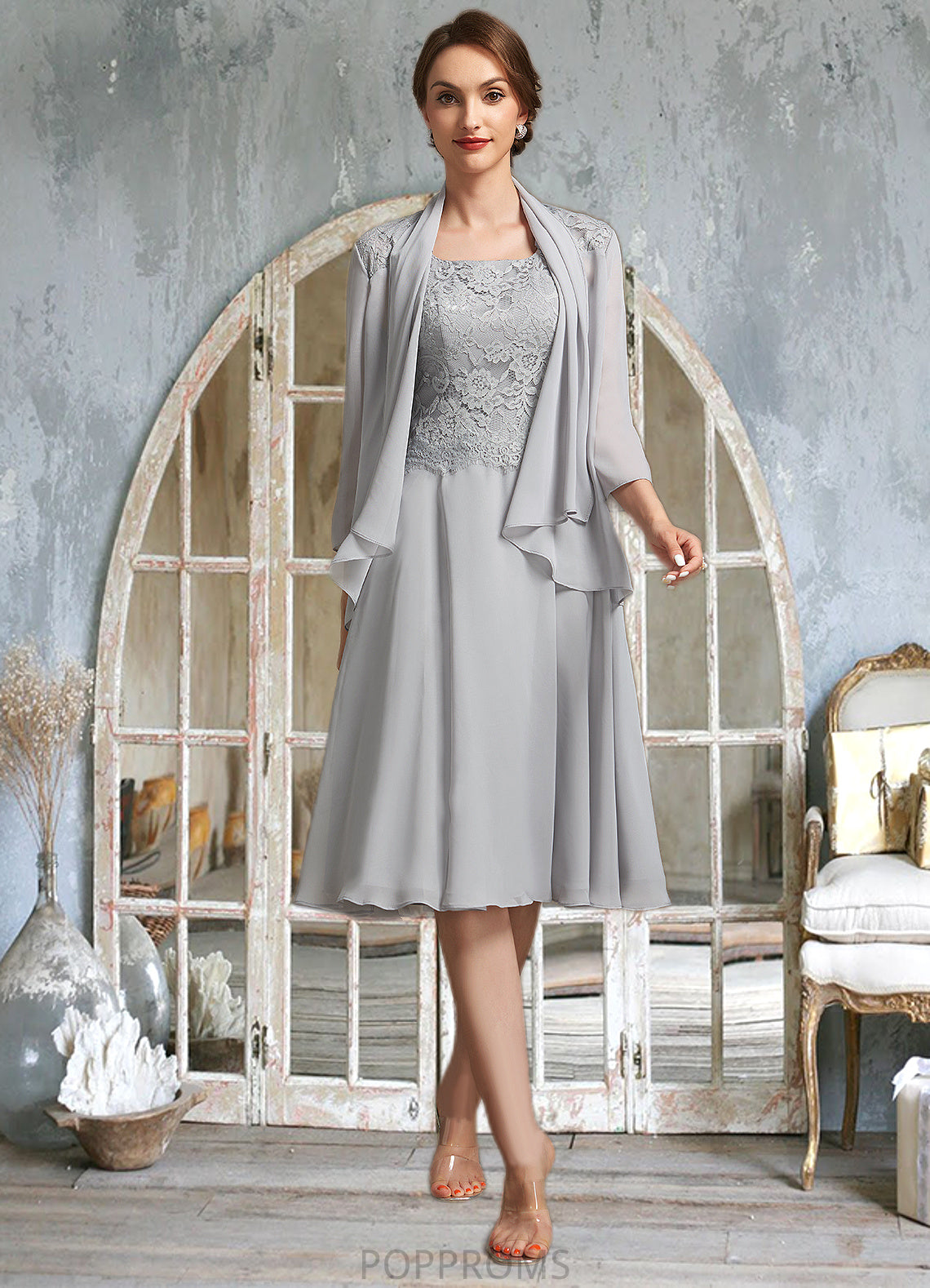 Nadine A-Line Square Neckline Knee-Length Chiffon Lace Mother of the Bride Dress PP6126P0014759