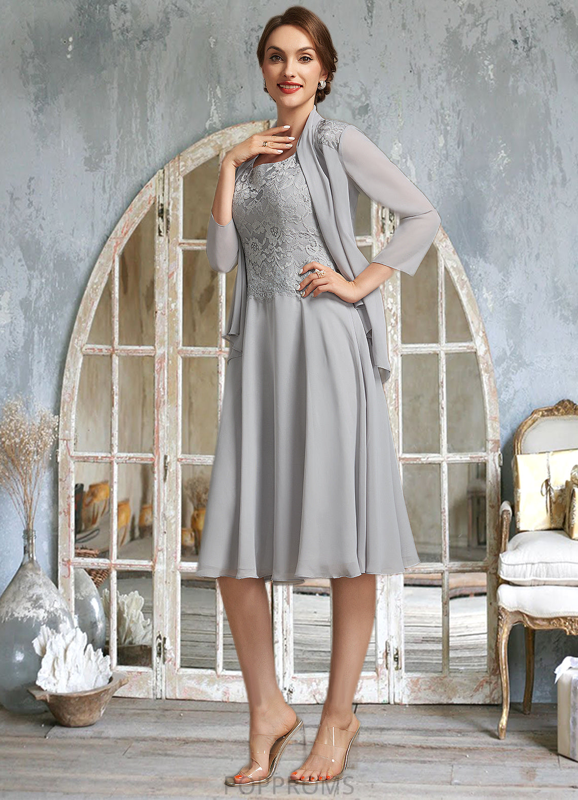 Nadine A-Line Square Neckline Knee-Length Chiffon Lace Mother of the Bride Dress PP6126P0014759