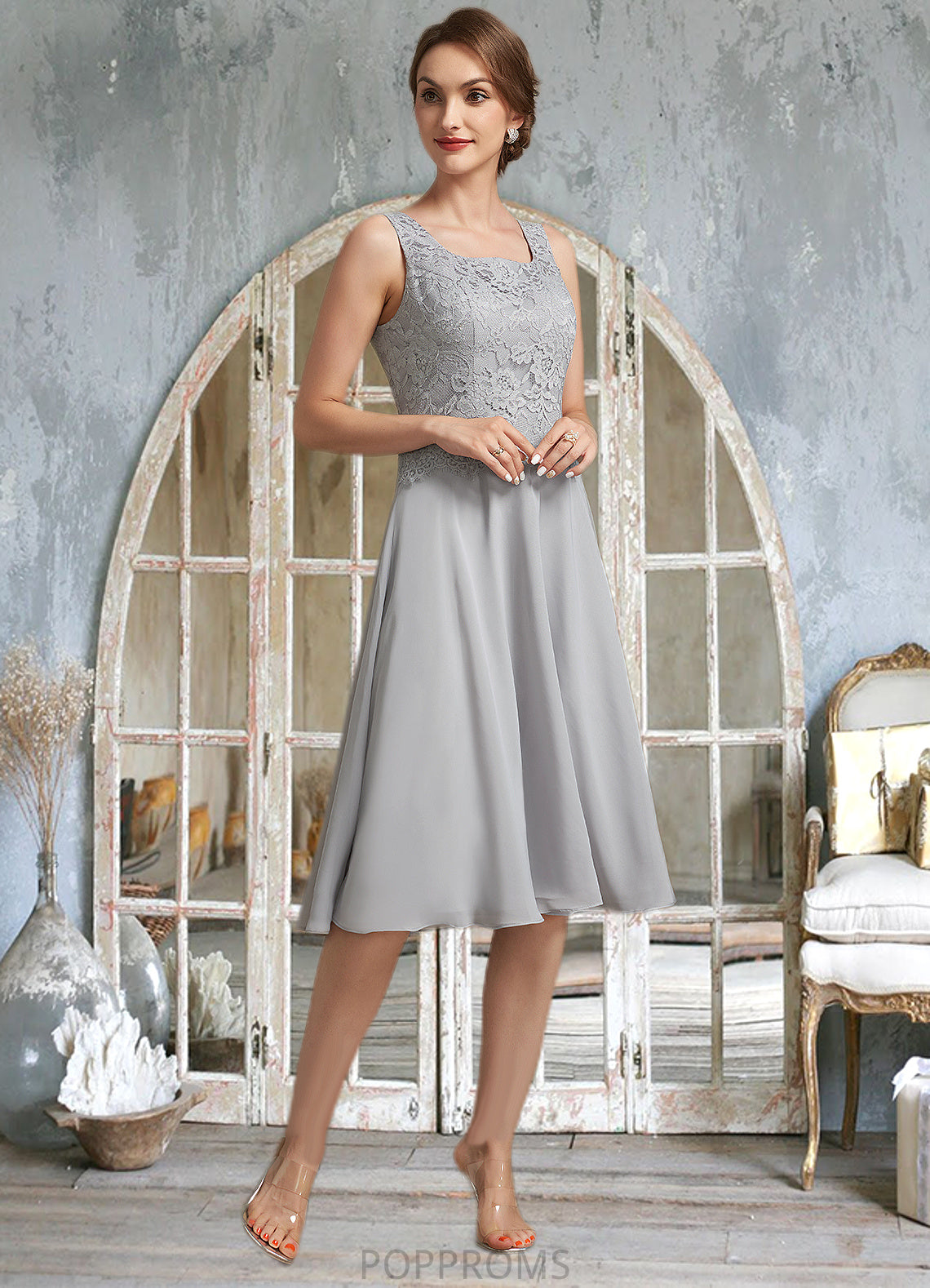 Nadine A-Line Square Neckline Knee-Length Chiffon Lace Mother of the Bride Dress PP6126P0014759