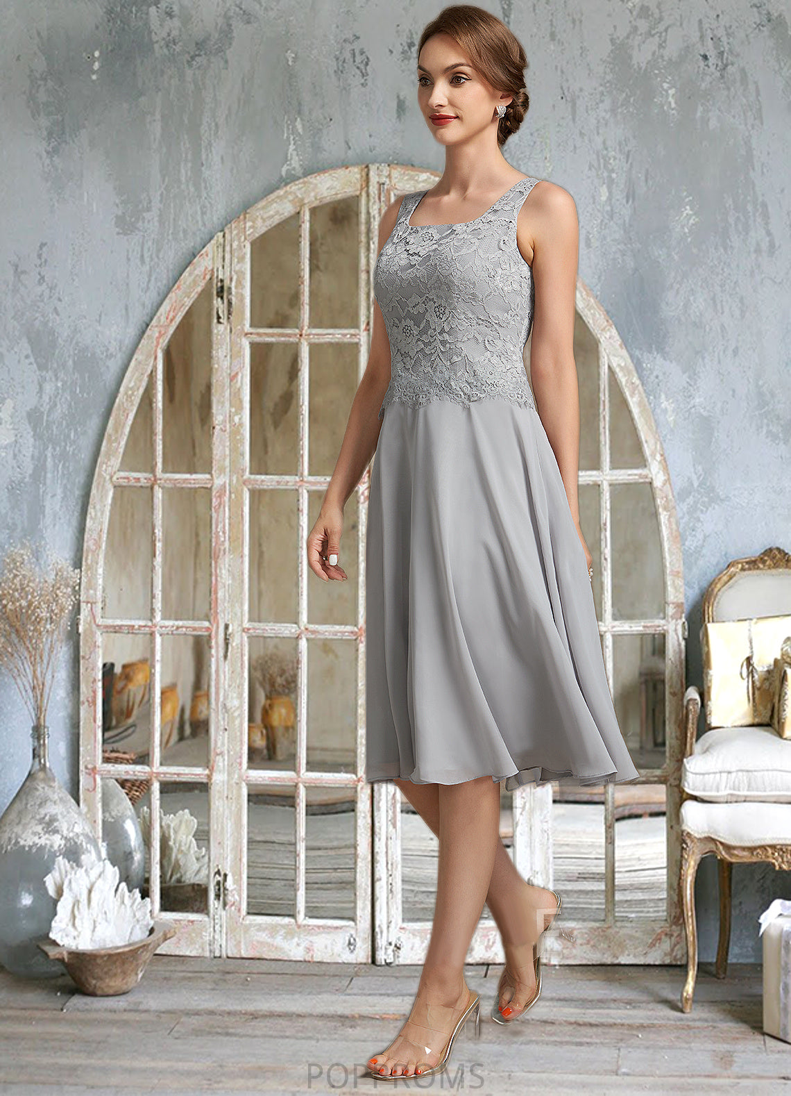 Nadine A-Line Square Neckline Knee-Length Chiffon Lace Mother of the Bride Dress PP6126P0014759