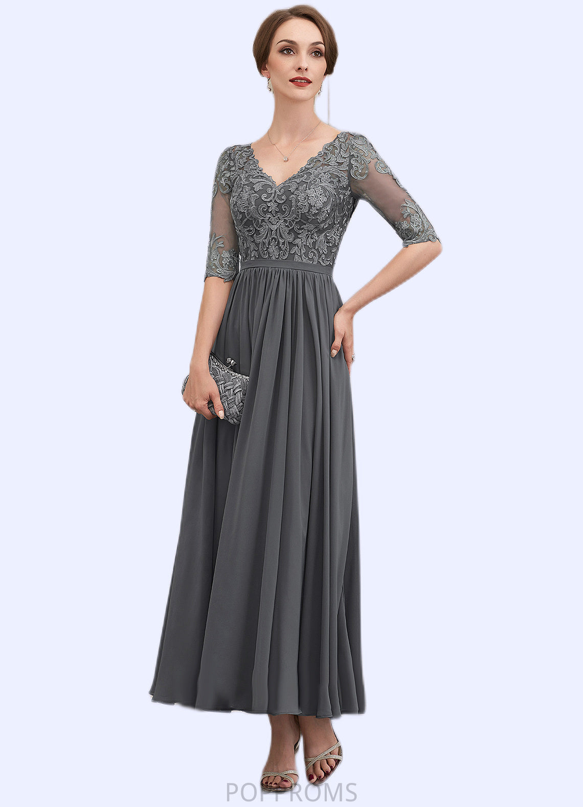 Yasmine A-line V-Neck Ankle-Length Chiffon Lace Mother of the Bride Dress PP6126P0014760