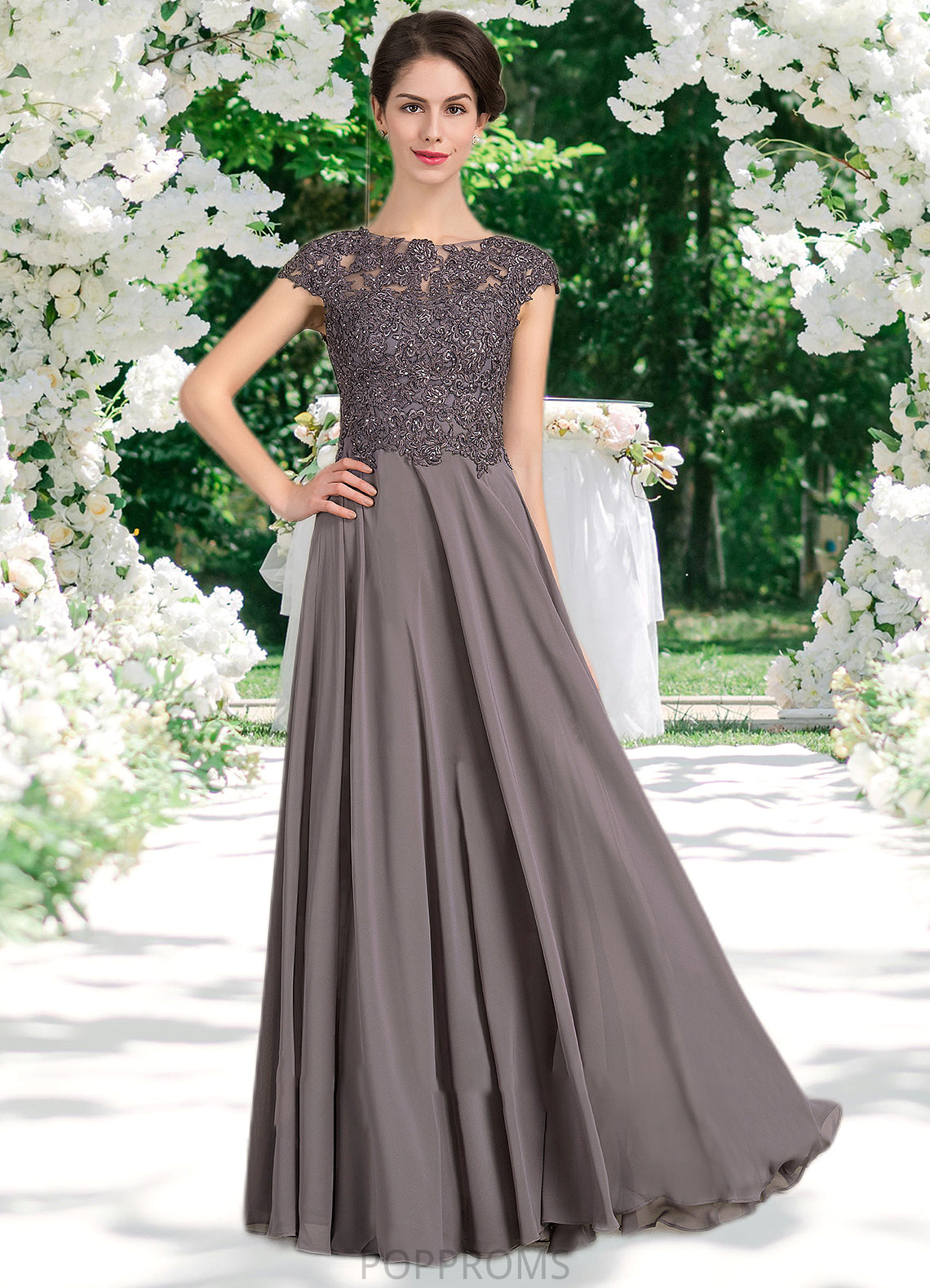 Cora A-Line Scoop Neck Floor-Length Chiffon Lace Mother of the Bride Dress With Beading PP6126P0014761