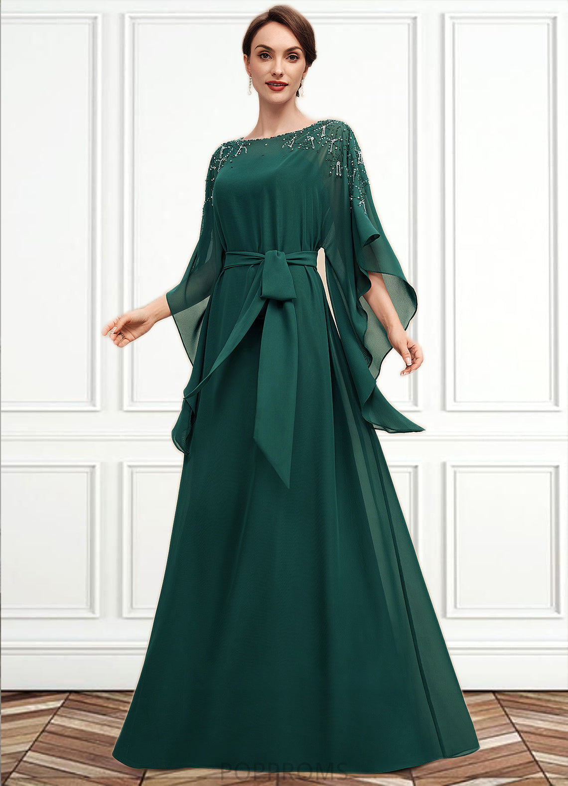 Christina A-Line Scoop Neck Floor-Length Chiffon Mother of the Bride Dress With Beading Bow(s) PP6126P0014763