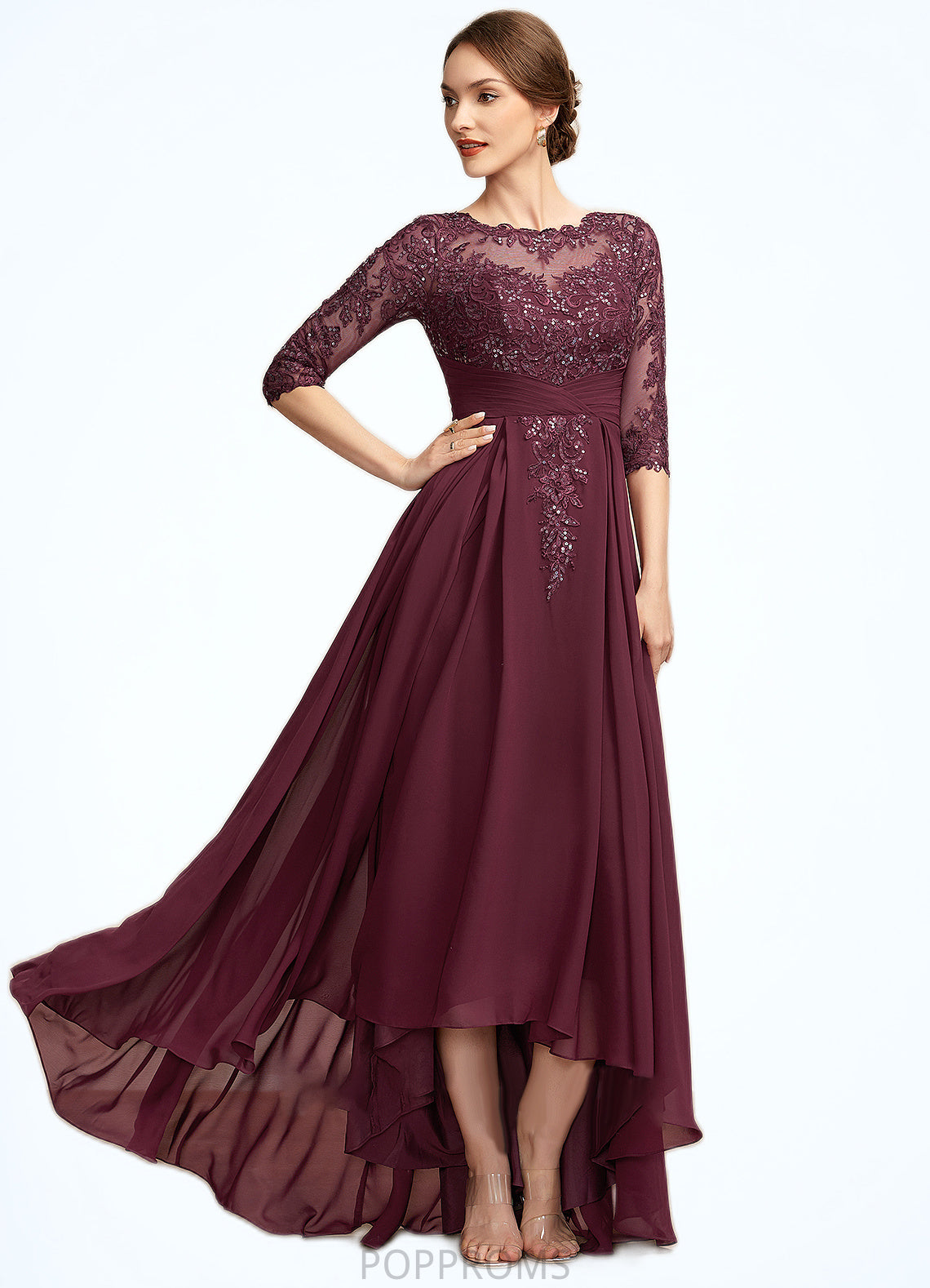 Carlie A-Line Scoop Neck Asymmetrical Chiffon Lace Mother of the Bride Dress With Ruffle Sequins PP6126P0014765