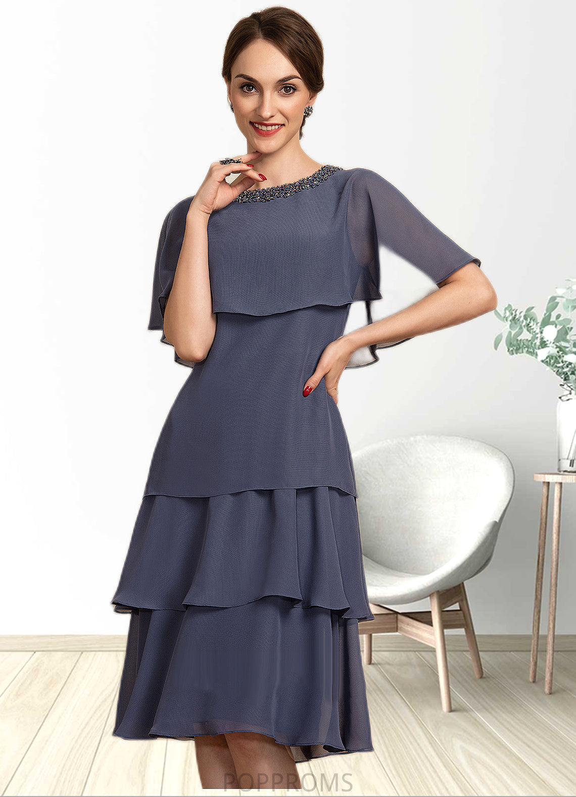 Izabelle A-Line Scoop Neck Knee-Length Chiffon Mother of the Bride Dress With Beading Sequins Cascading Ruffles PP6126P0014768