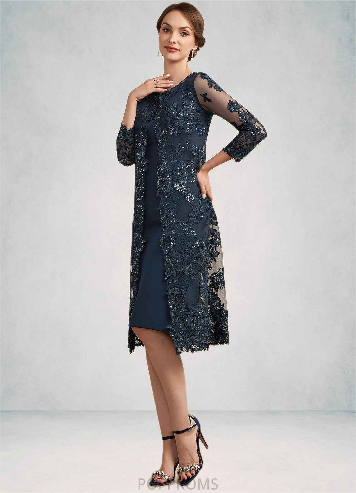 Millie Sheath/Column Scoop Neck Knee-Length Chiffon Lace Mother of the Bride Dress With Sequins PP6126P0014771