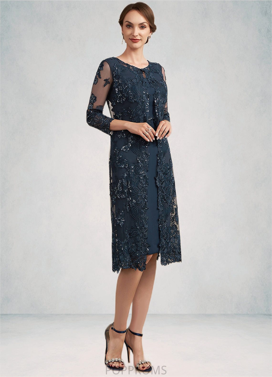 Millie Sheath/Column Scoop Neck Knee-Length Chiffon Lace Mother of the Bride Dress With Sequins PP6126P0014771