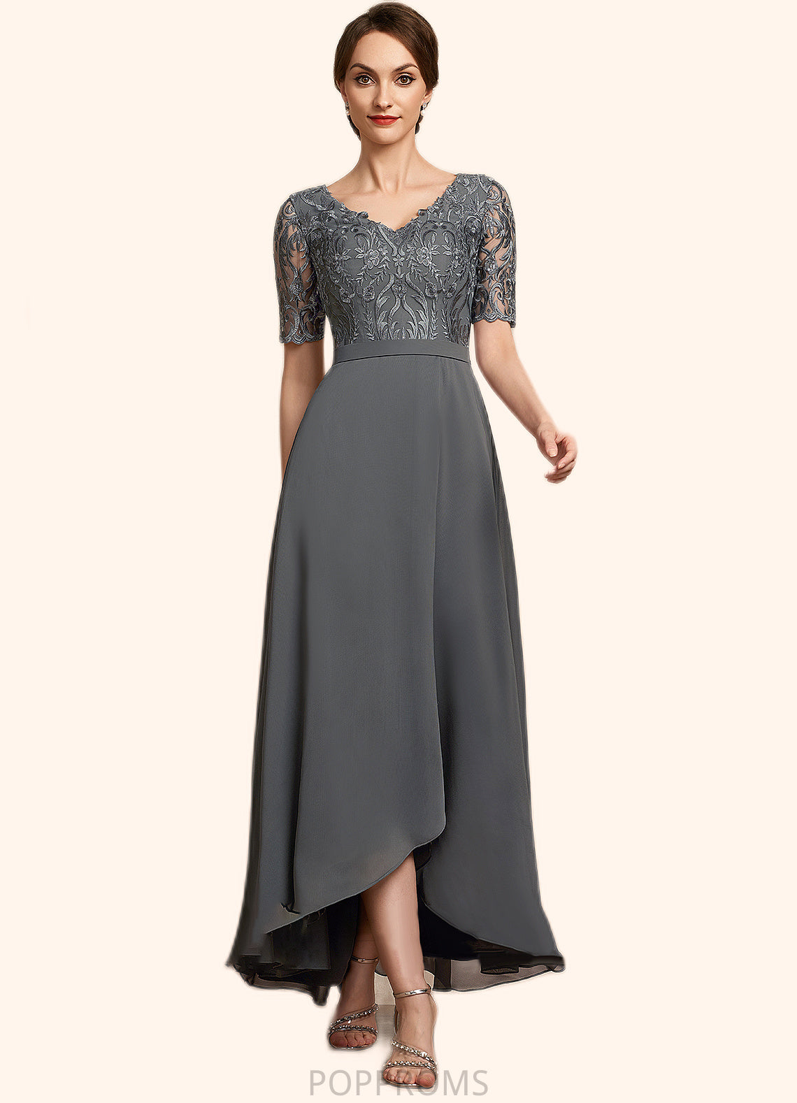 Willow A-Line V-neck Asymmetrical Chiffon Lace Mother of the Bride Dress PP6126P0014772