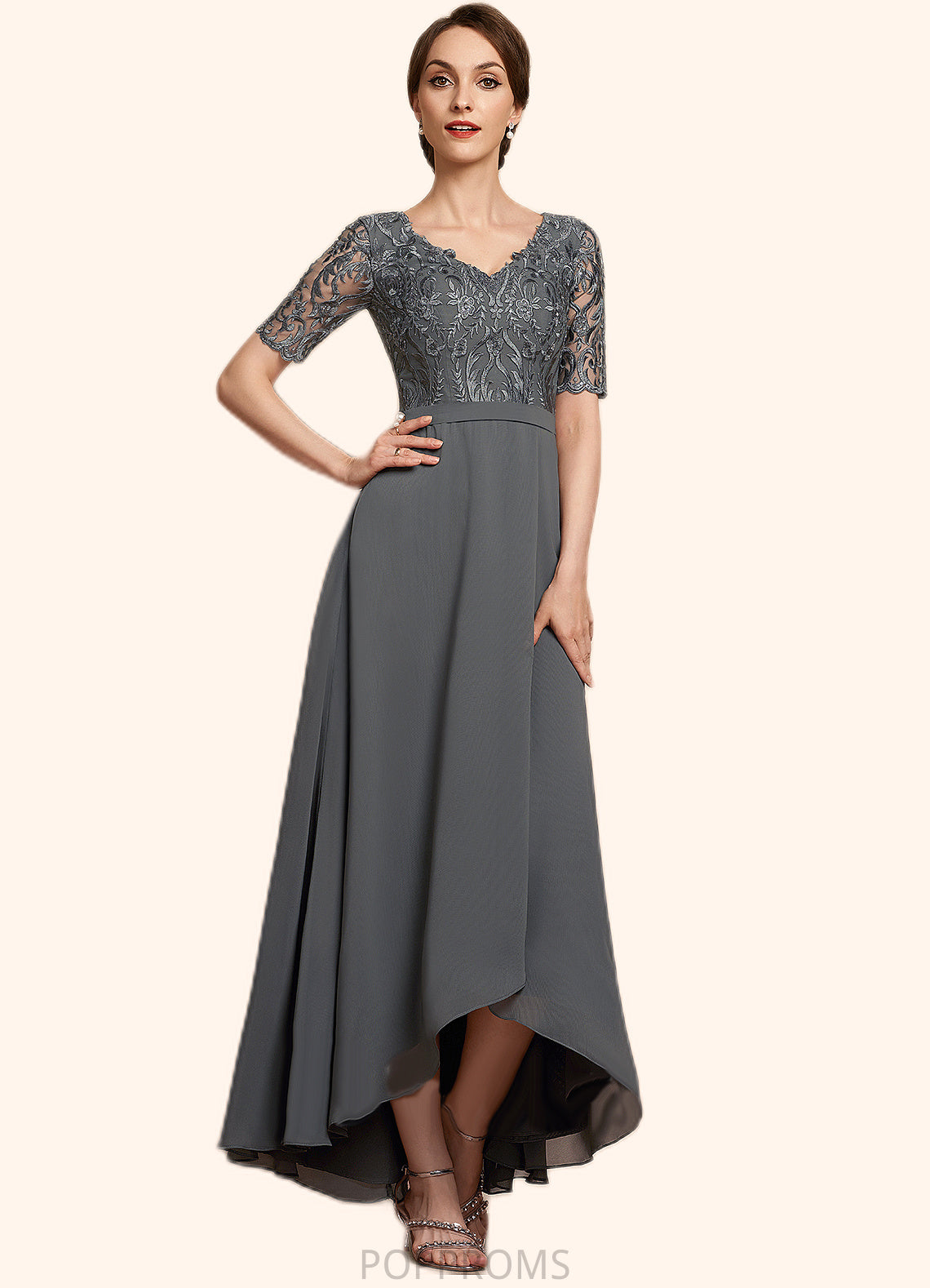 Willow A-Line V-neck Asymmetrical Chiffon Lace Mother of the Bride Dress PP6126P0014772