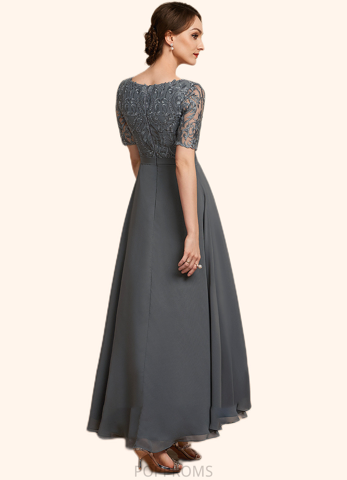 Willow A-Line V-neck Asymmetrical Chiffon Lace Mother of the Bride Dress PP6126P0014772