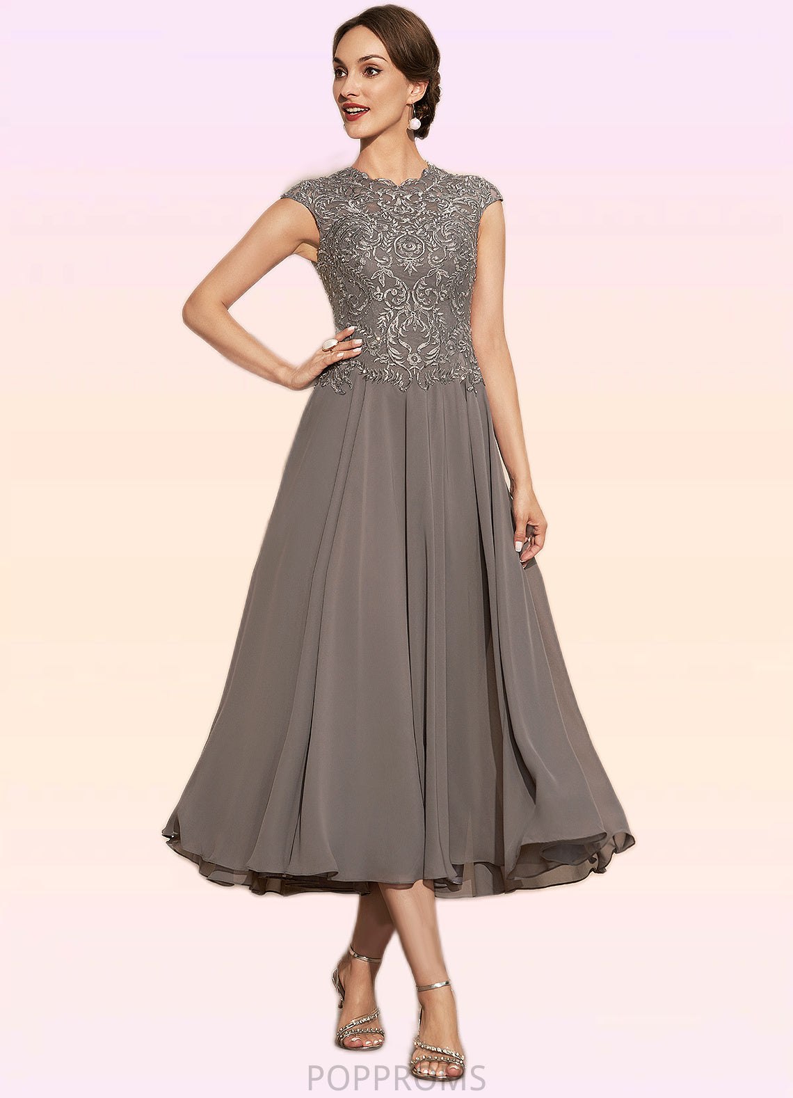 Mercedes A-Line Scoop Neck Tea-Length Chiffon Lace Mother of the Bride Dress With Beading PP6126P0014774