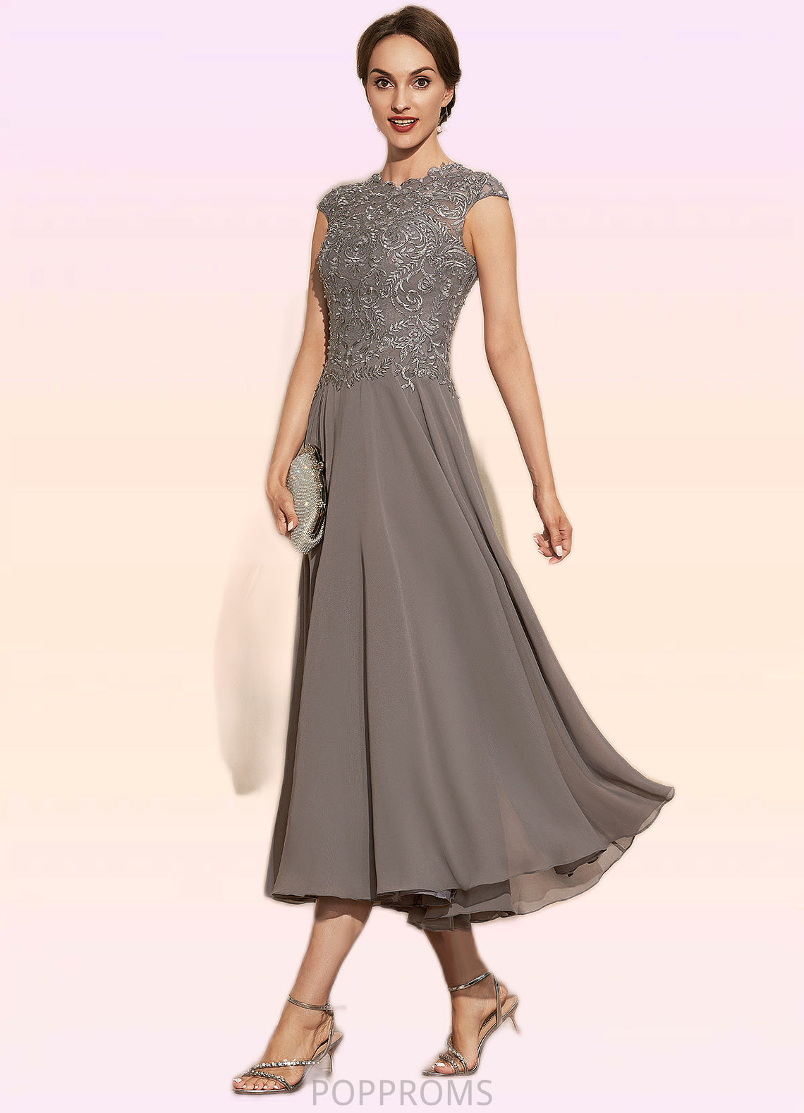 Mercedes A-Line Scoop Neck Tea-Length Chiffon Lace Mother of the Bride Dress With Beading PP6126P0014774