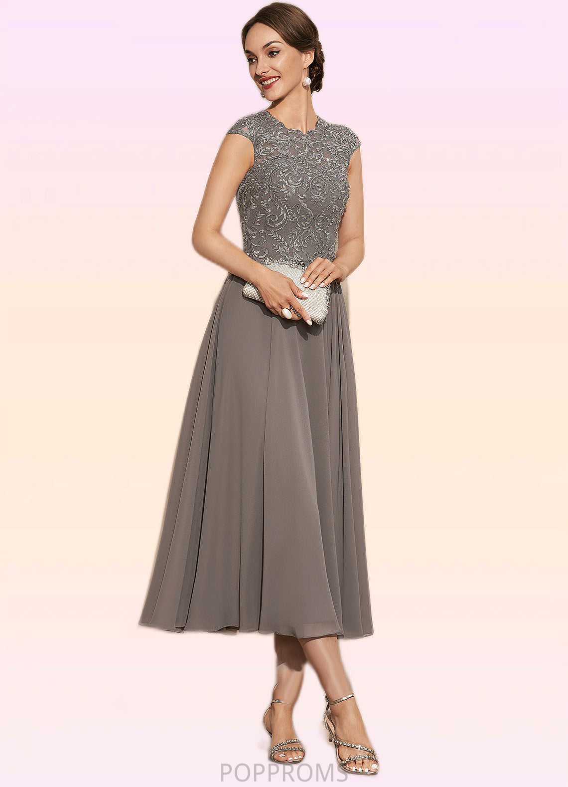 Mercedes A-Line Scoop Neck Tea-Length Chiffon Lace Mother of the Bride Dress With Beading PP6126P0014774