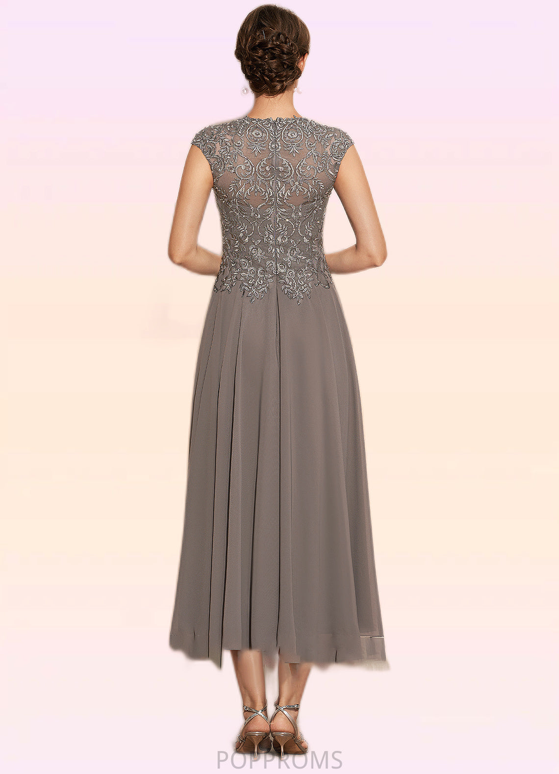 Mercedes A-Line Scoop Neck Tea-Length Chiffon Lace Mother of the Bride Dress With Beading PP6126P0014774