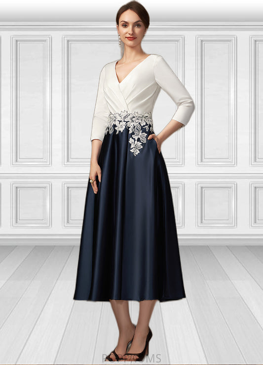 Jaycee A-Line V-neck Tea-Length Satin Mother of the Bride Dress With Ruffle Appliques Lace Pockets PP6126P0014778