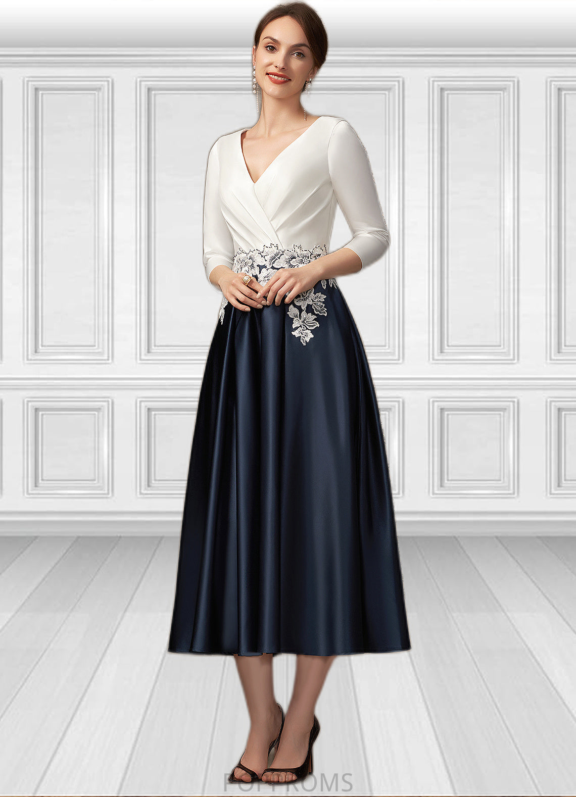 Jaycee A-Line V-neck Tea-Length Satin Mother of the Bride Dress With Ruffle Appliques Lace Pockets PP6126P0014778