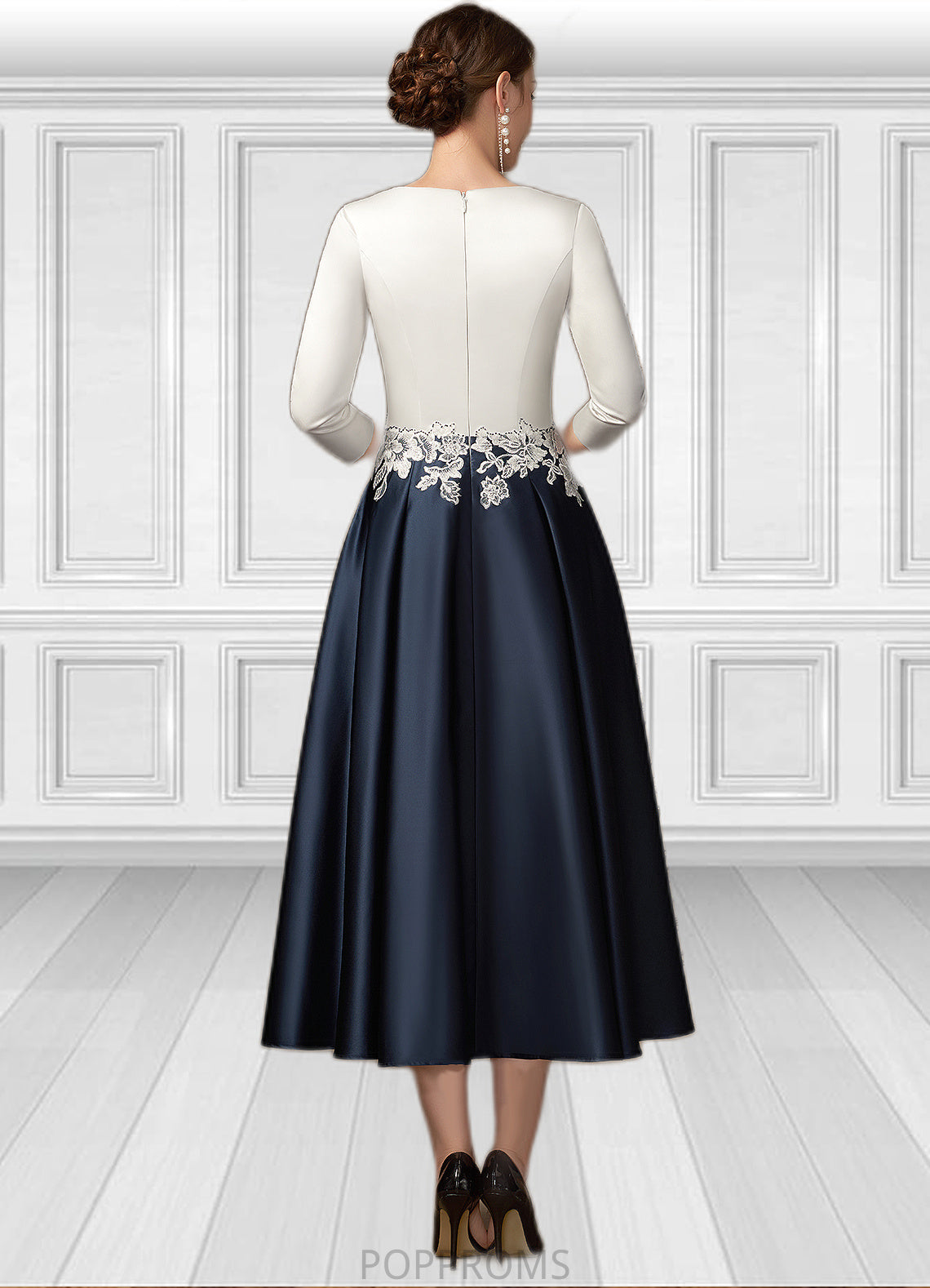 Jaycee A-Line V-neck Tea-Length Satin Mother of the Bride Dress With Ruffle Appliques Lace Pockets PP6126P0014778