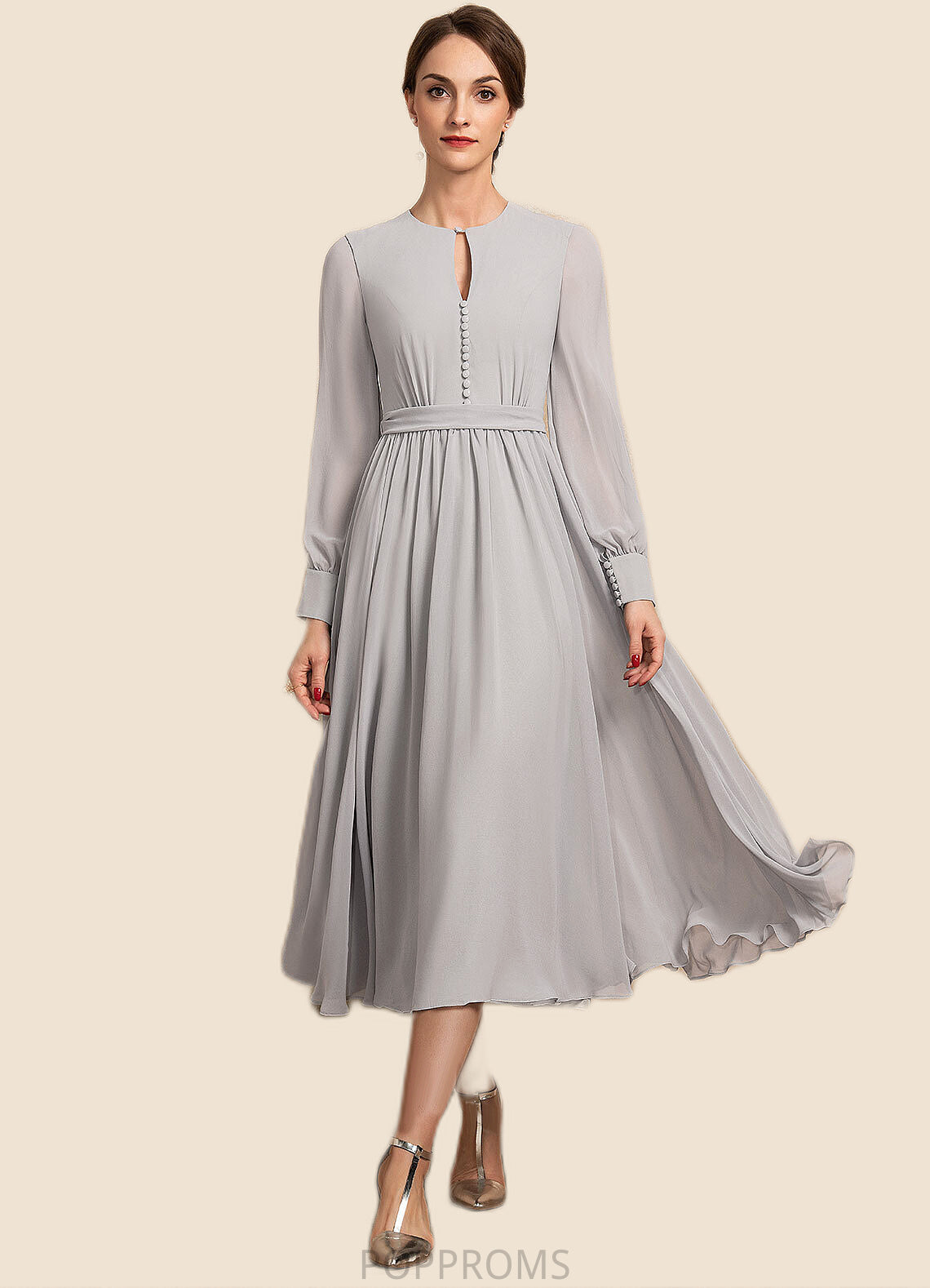 Susanna A-Line Scoop Neck Tea-Length Chiffon Mother of the Bride Dress With Bow(s) PP6126P0014779