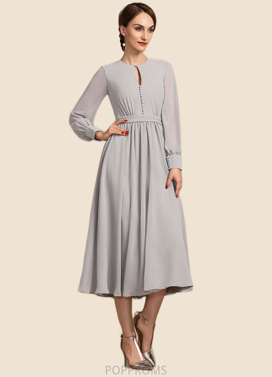 Susanna A-Line Scoop Neck Tea-Length Chiffon Mother of the Bride Dress With Bow(s) PP6126P0014779