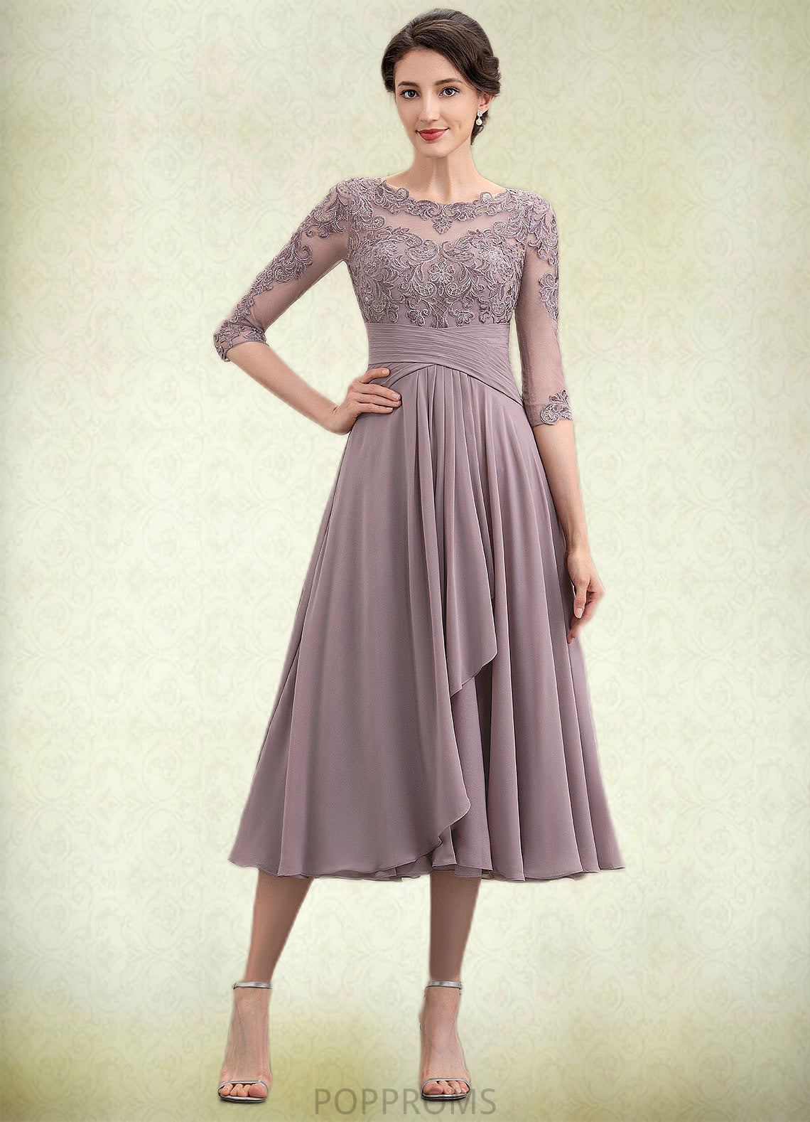 Allison A-Line Scoop Neck Tea-Length Chiffon Lace Mother of the Bride Dress With Cascading Ruffles PP6126P0014780