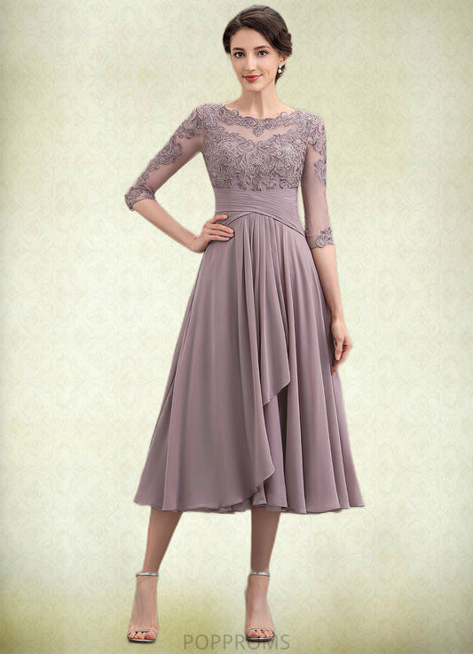 Allison A-Line Scoop Neck Tea-Length Chiffon Lace Mother of the Bride Dress With Cascading Ruffles PP6126P0014780